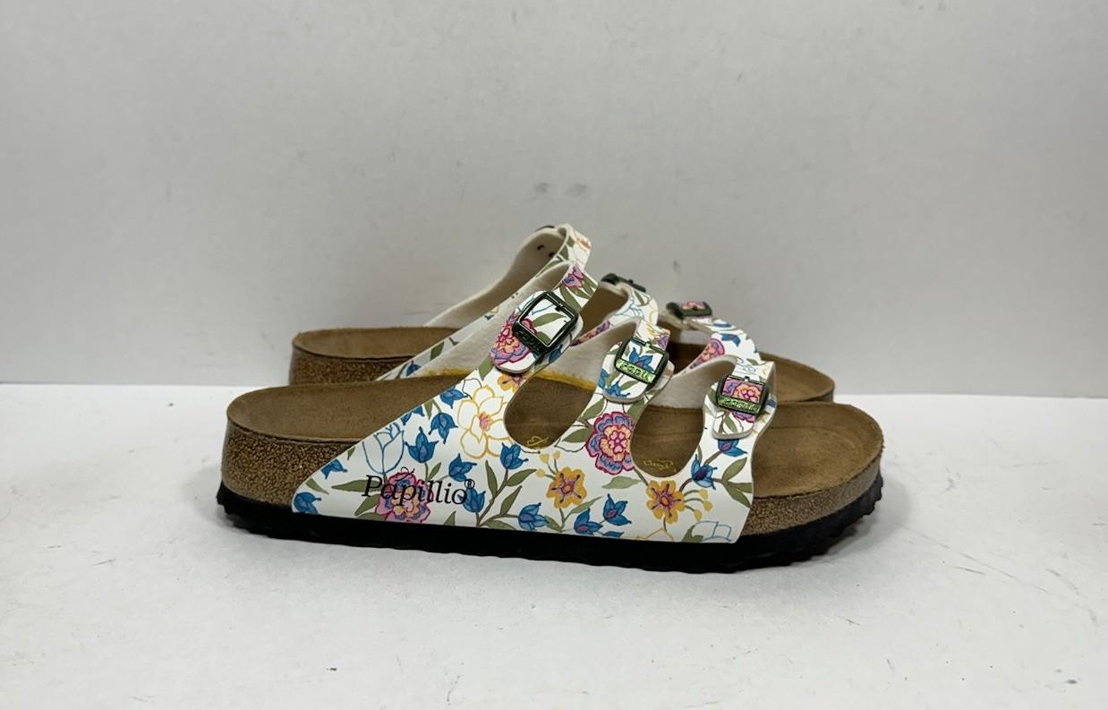Birkenstock Papillio Florida Soft FB Sandals White Floral 3 Strap Womens Sz 8 N