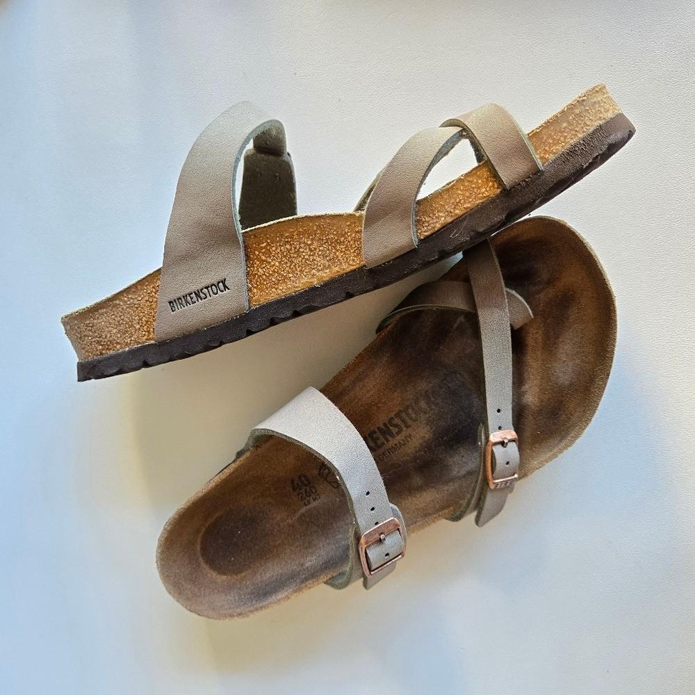 Birkenstock Mayari Stone Leather Toe Loop Sandals Sze 40 Minimalist Comfort Boho