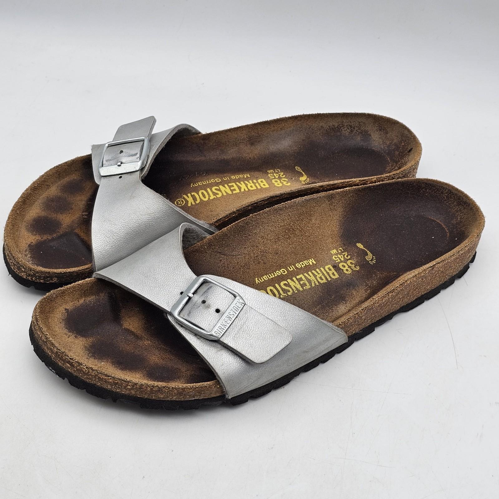 Birkenstock Madrid Birko-Flor Silver Womens Leather Slide Sandals Size 38 US 7