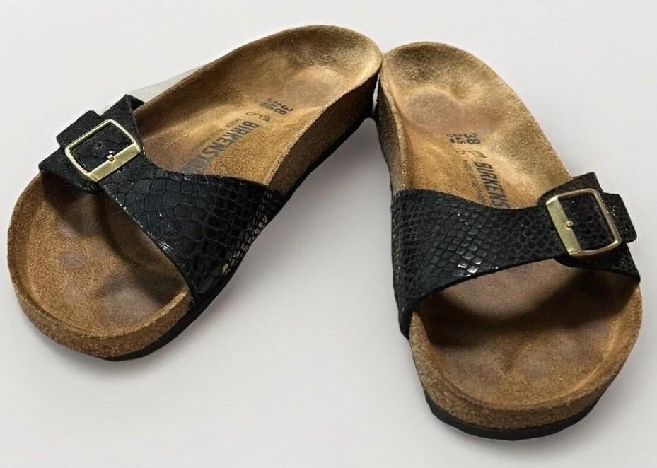 Birkenstock Madrid BS Sandals Shiny Snake Black Gold Buckle Size 38 / 8
