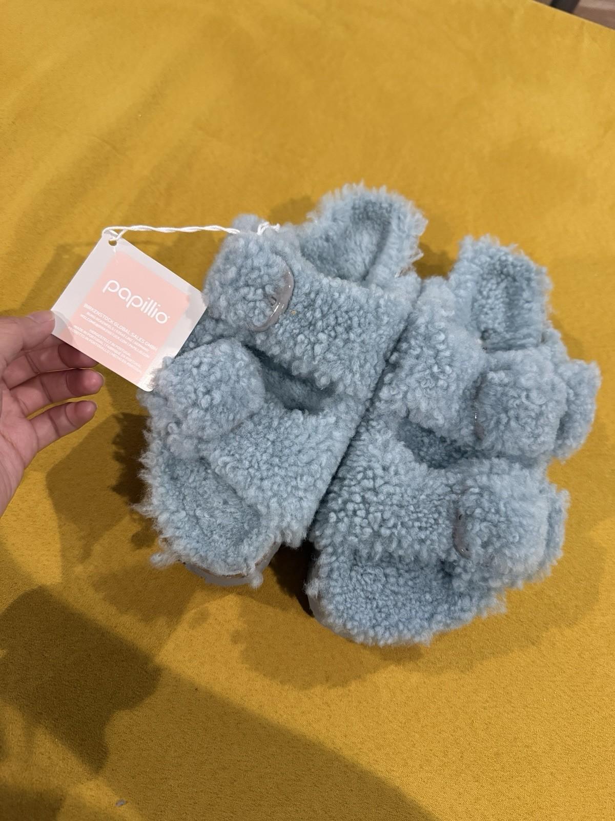 Birkenstock Papillio Size 38 Arizona Big Buckle Shearling Sandals Blue $180 NEW