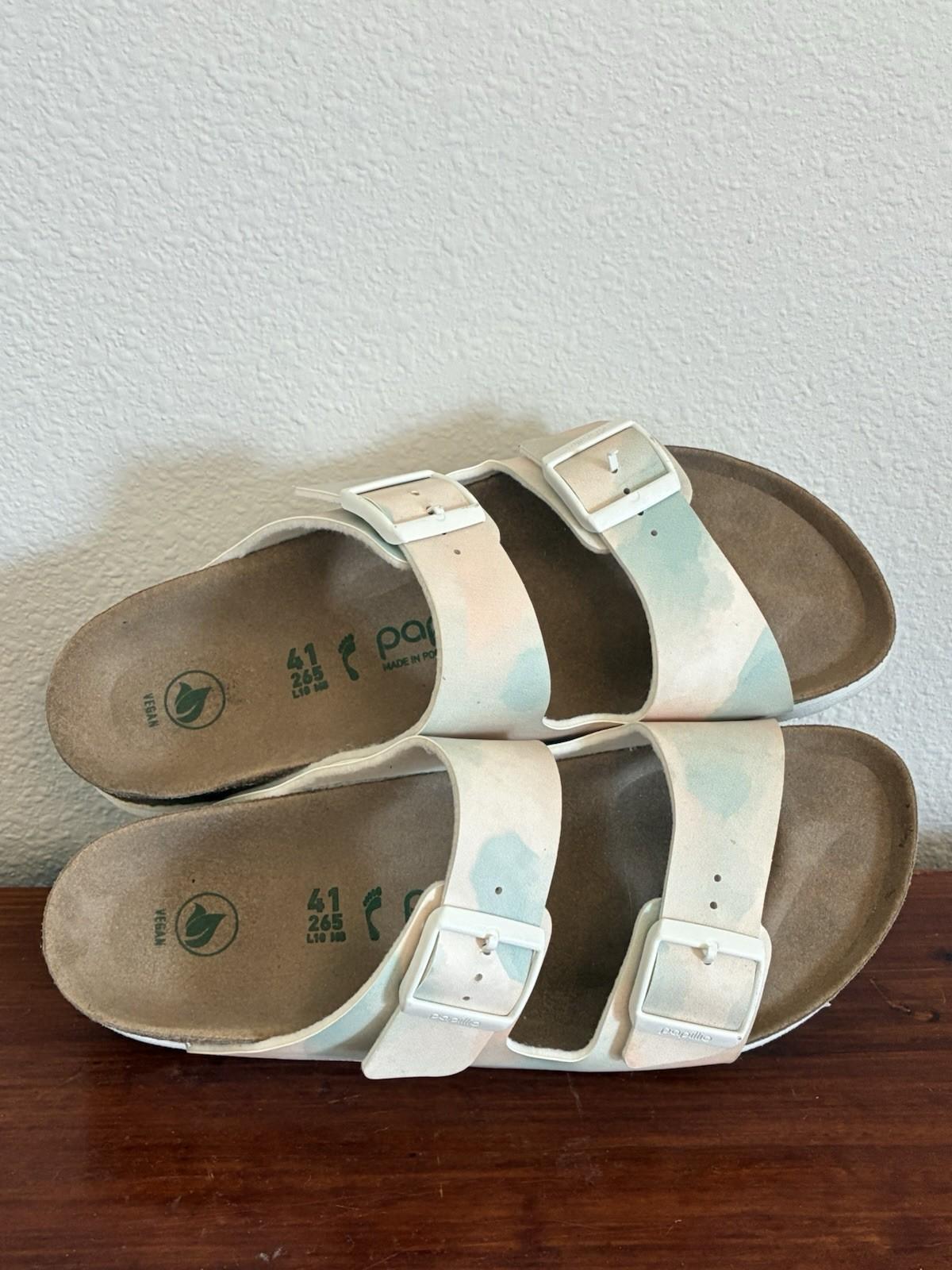 Birkenstock Arizona Papillio Flex Platform Cream Blue Camo Leather, Size 41