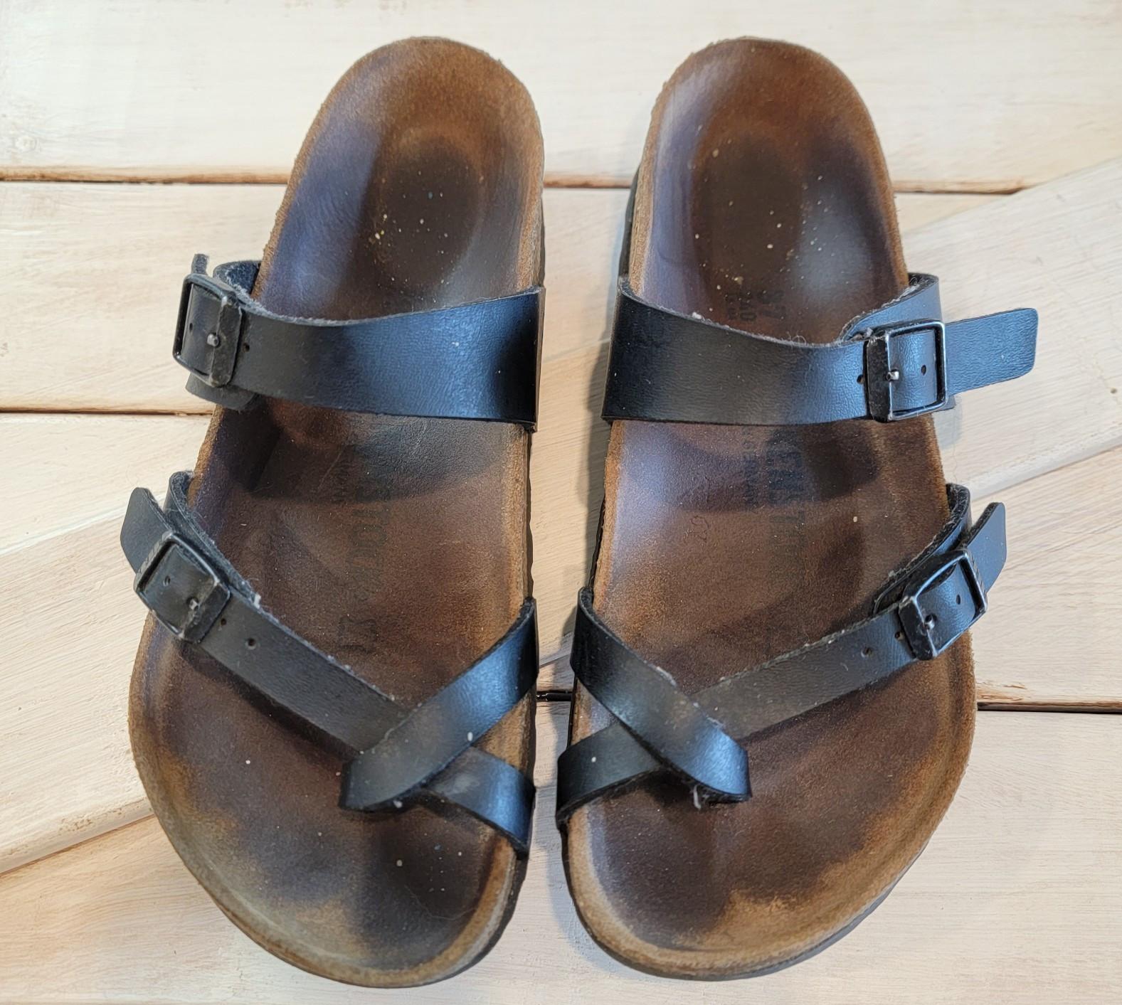 Birkenstock Mayari Birko-Flor Sandals Shoe Toe Loop Black Leather EU 37 US 6-6.5