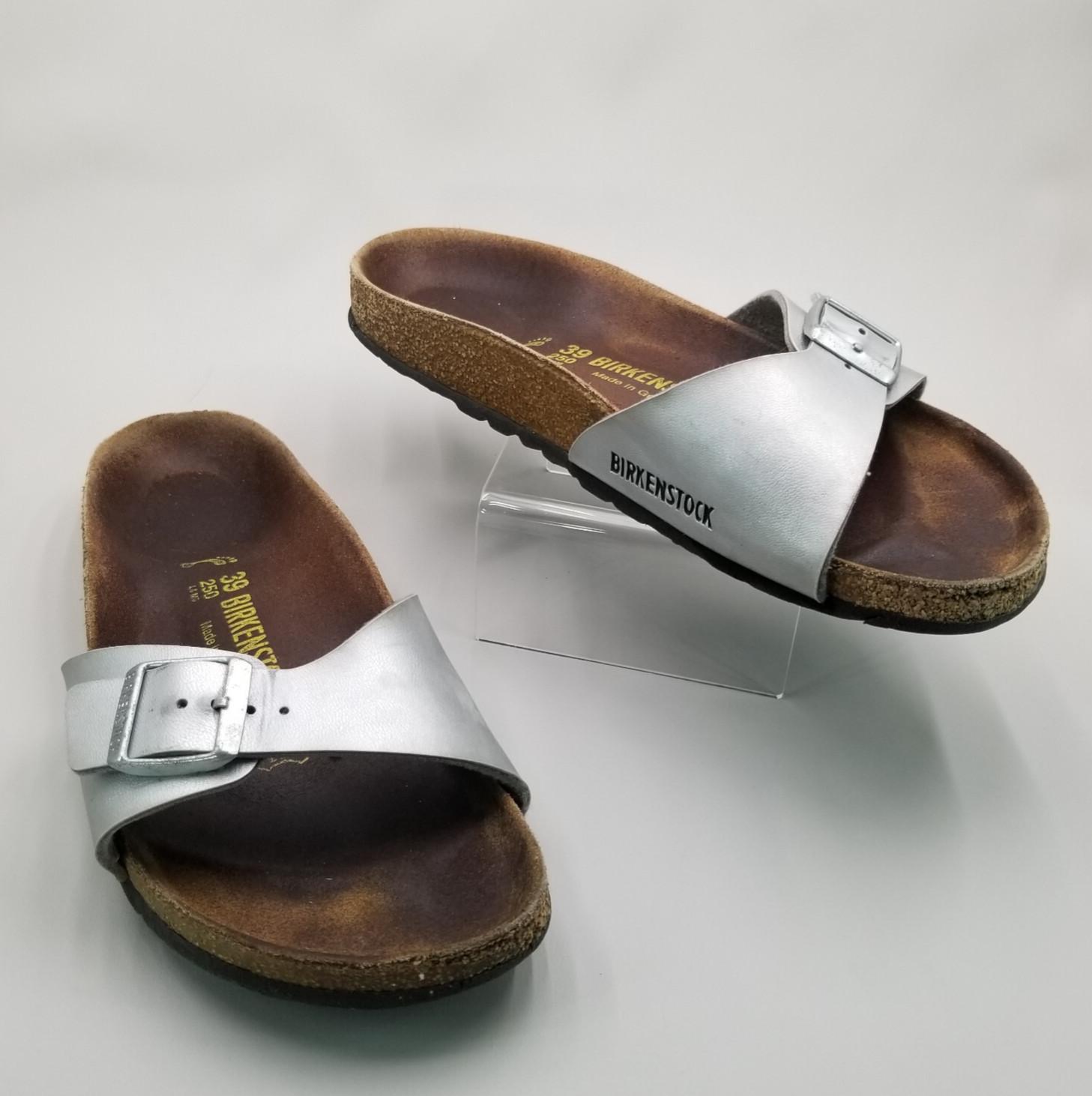 Birkenstock Madrid Slides Silver Leather Sandals US Size L 8 EU 39 Oiled Insole