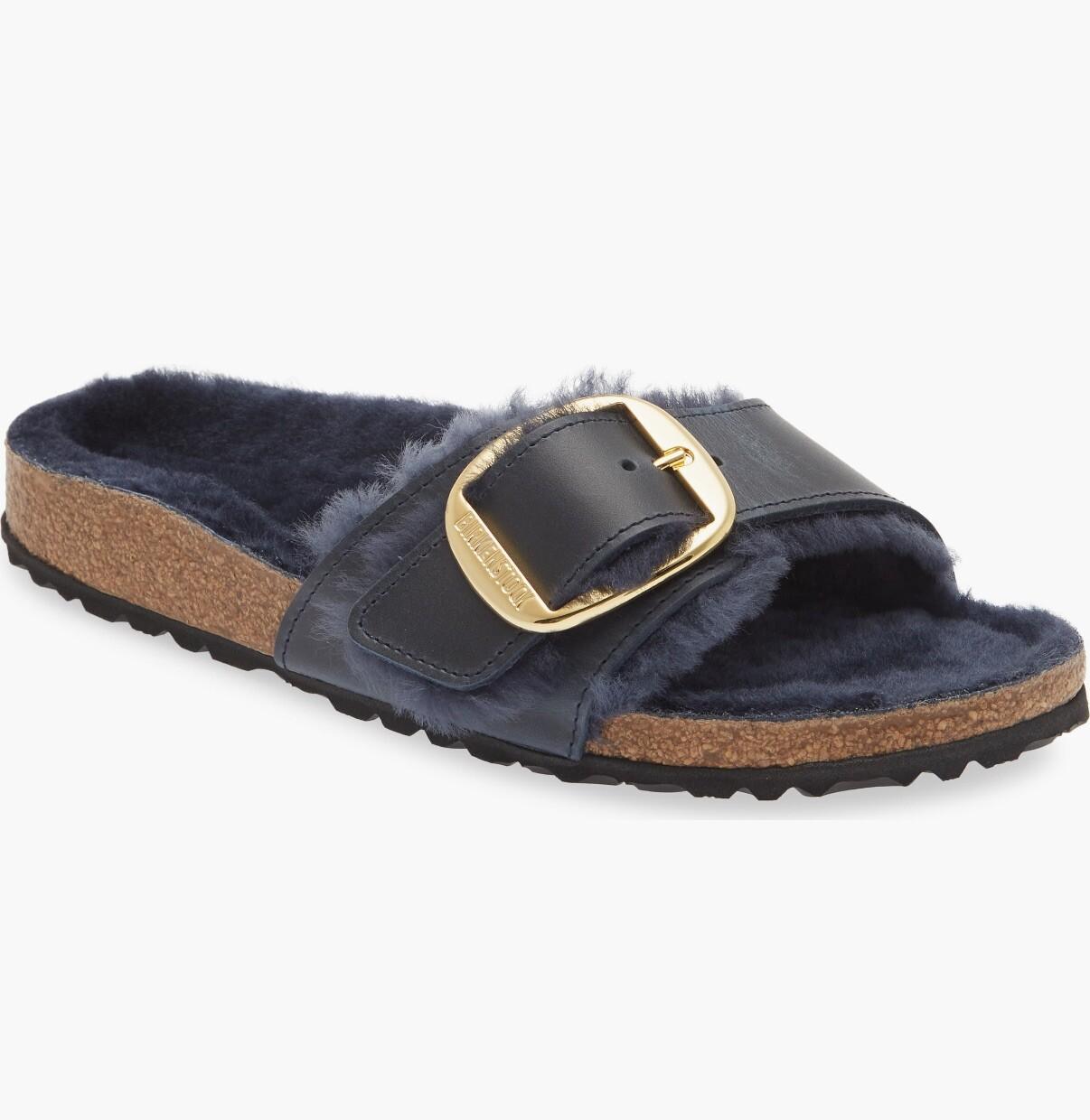 Birkenstock Madrid Big Buckle Midnight Shearling Womens Sandals EU 36 US 6.5