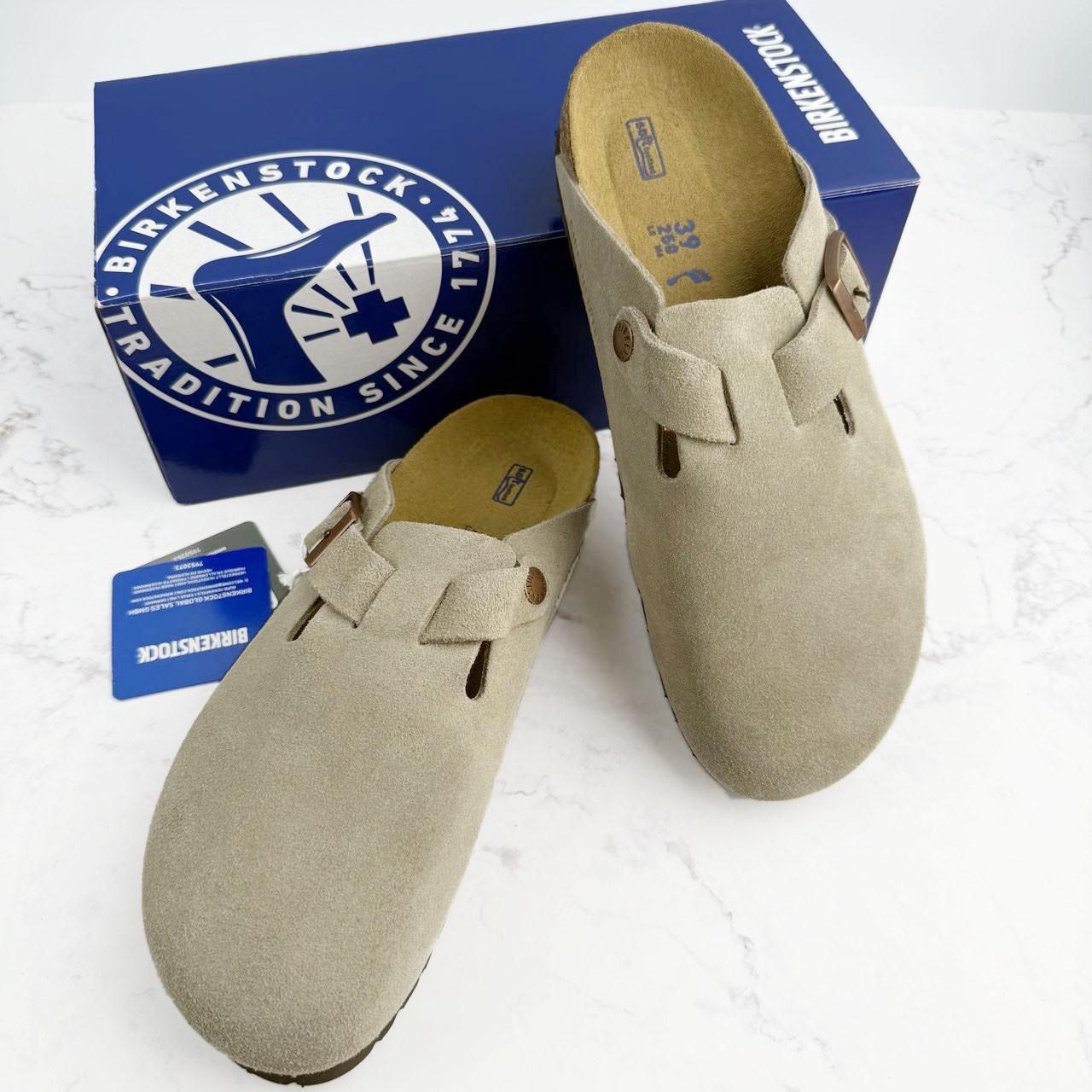 Birkenstock Boston Suede Leather Taupe Soft Footbed Clog Women and Men Shoes