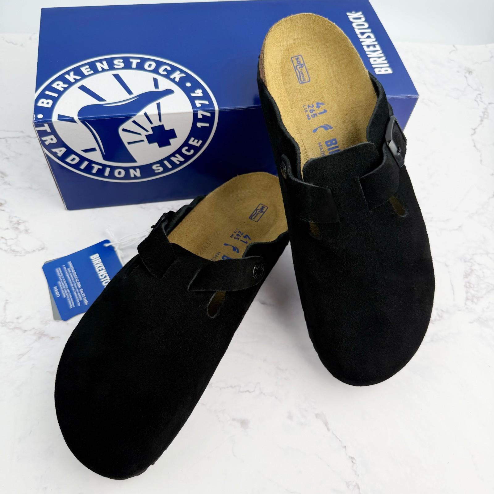 Birkenstock Boston Black Suede Leather Soft Footbed Women and Men Clog Shoes