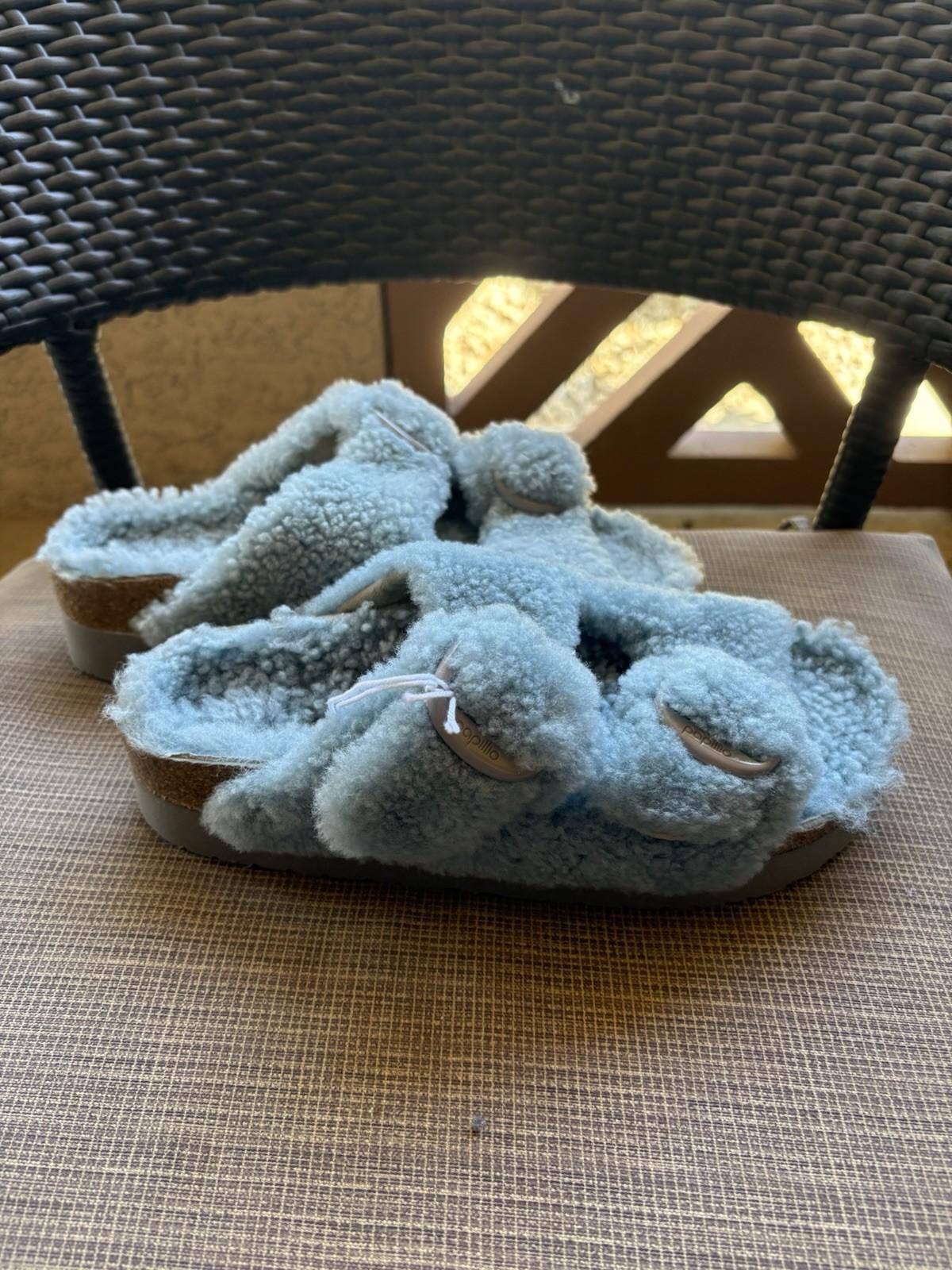 Birkenstock Papillio Arizona Big Buckle Shearling Teddy pastel blue size US 9