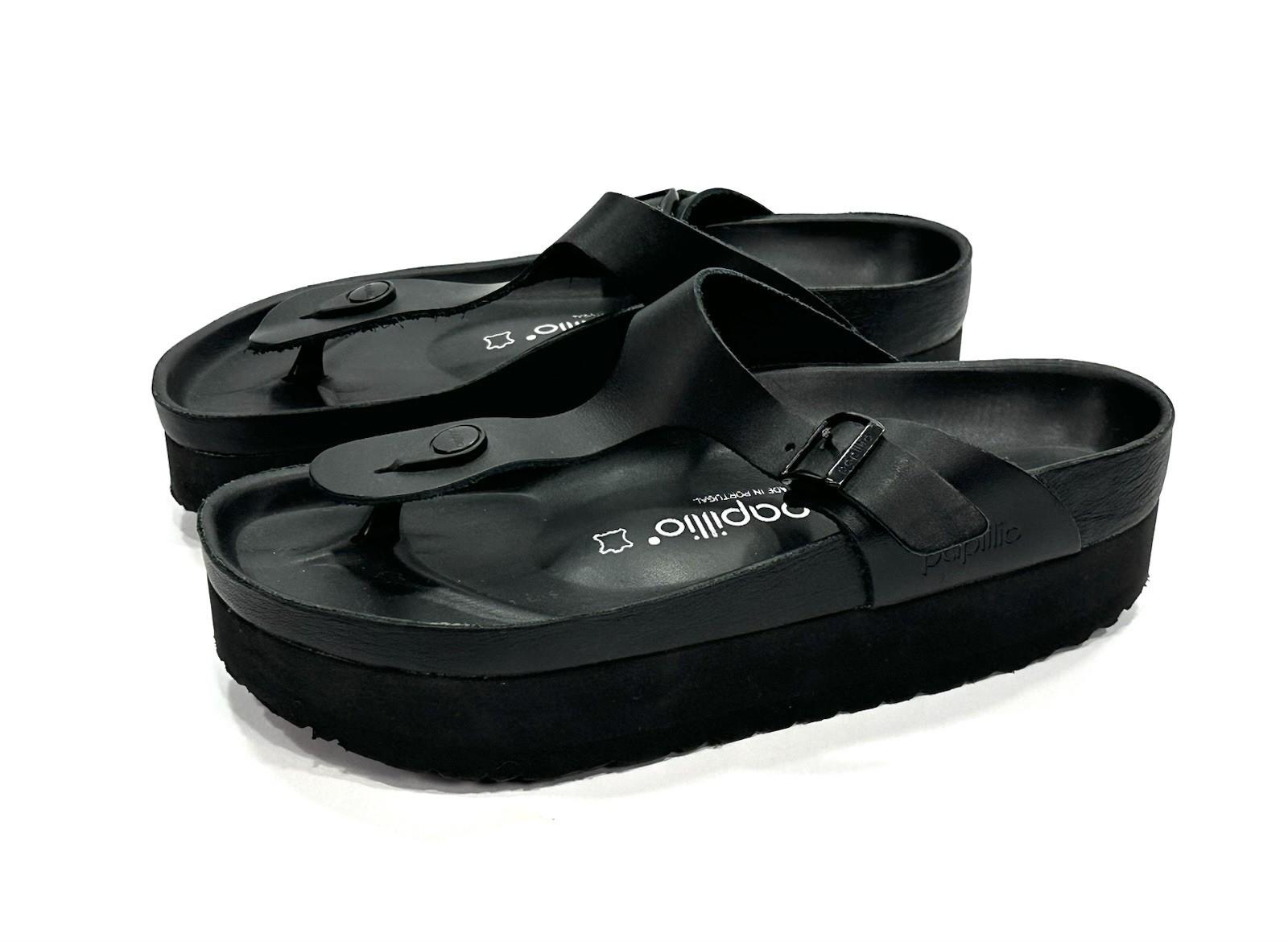 Papillio Birkenstock Gizeh Flex Platform Leather Sandals Buckle Black Womens 39