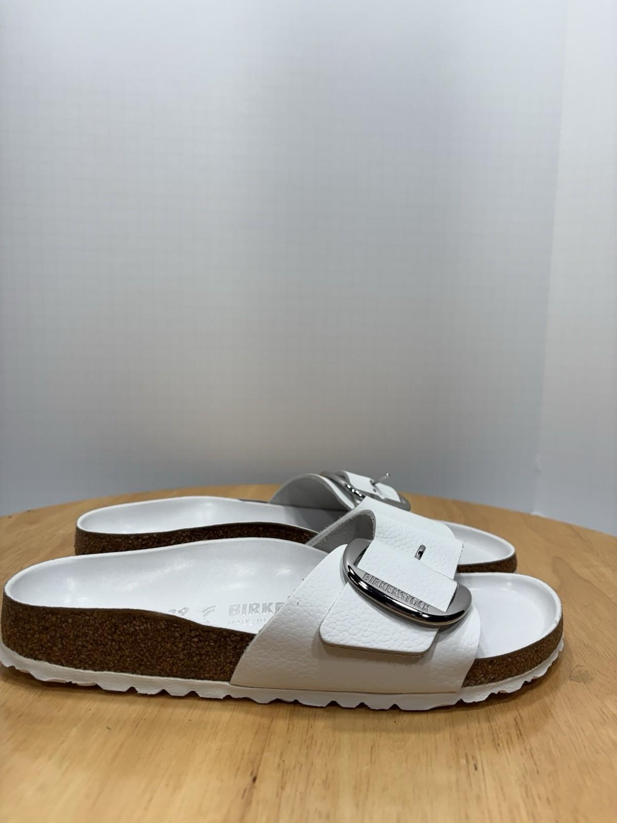 Birkenstock Madrid Big Buckle White High Shine Leather Slide Sandals Size 39