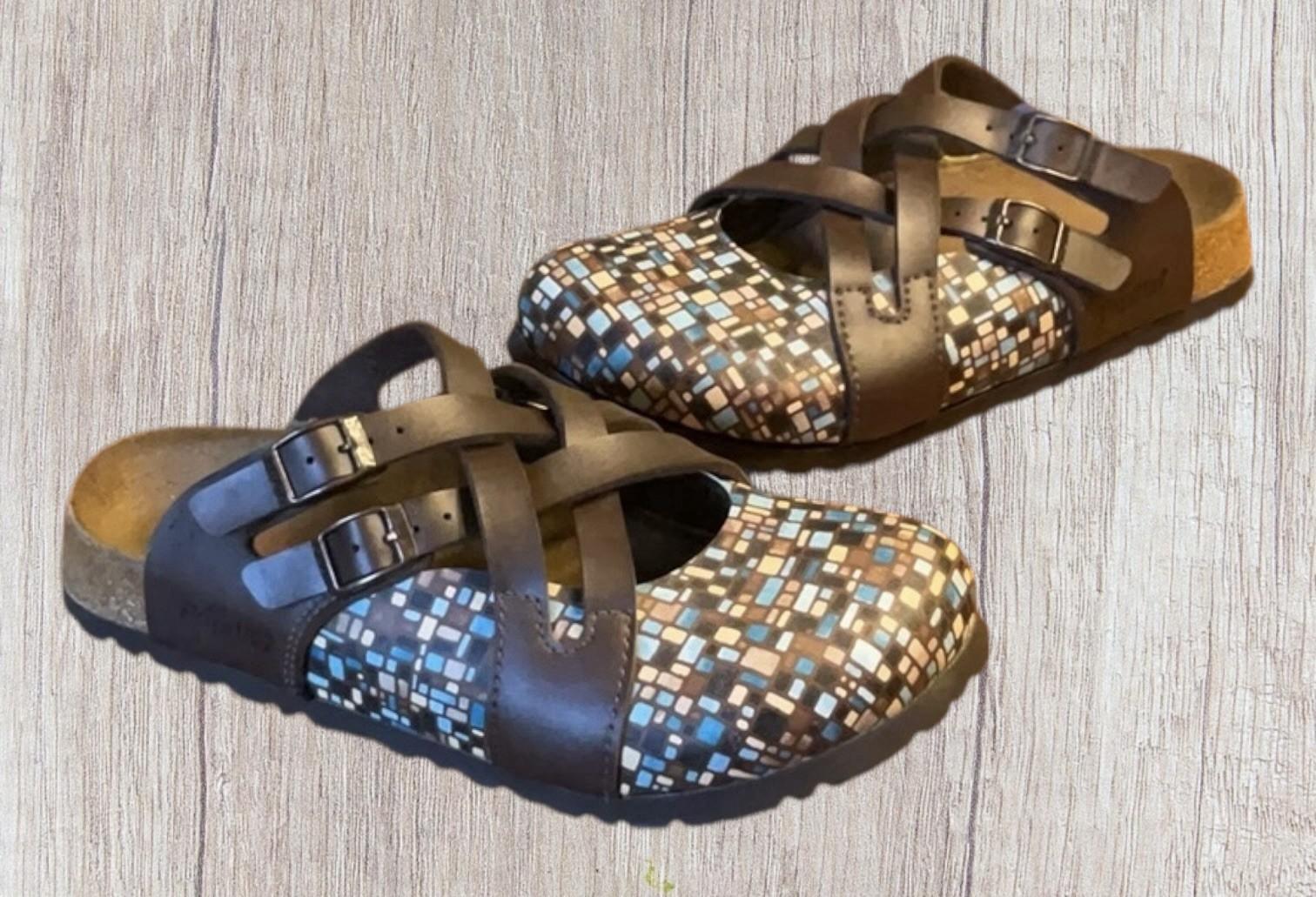 Birkenstock Papillio Lugano Mosaic Brown Birko Women’s Slip On Mule Clog EU 37