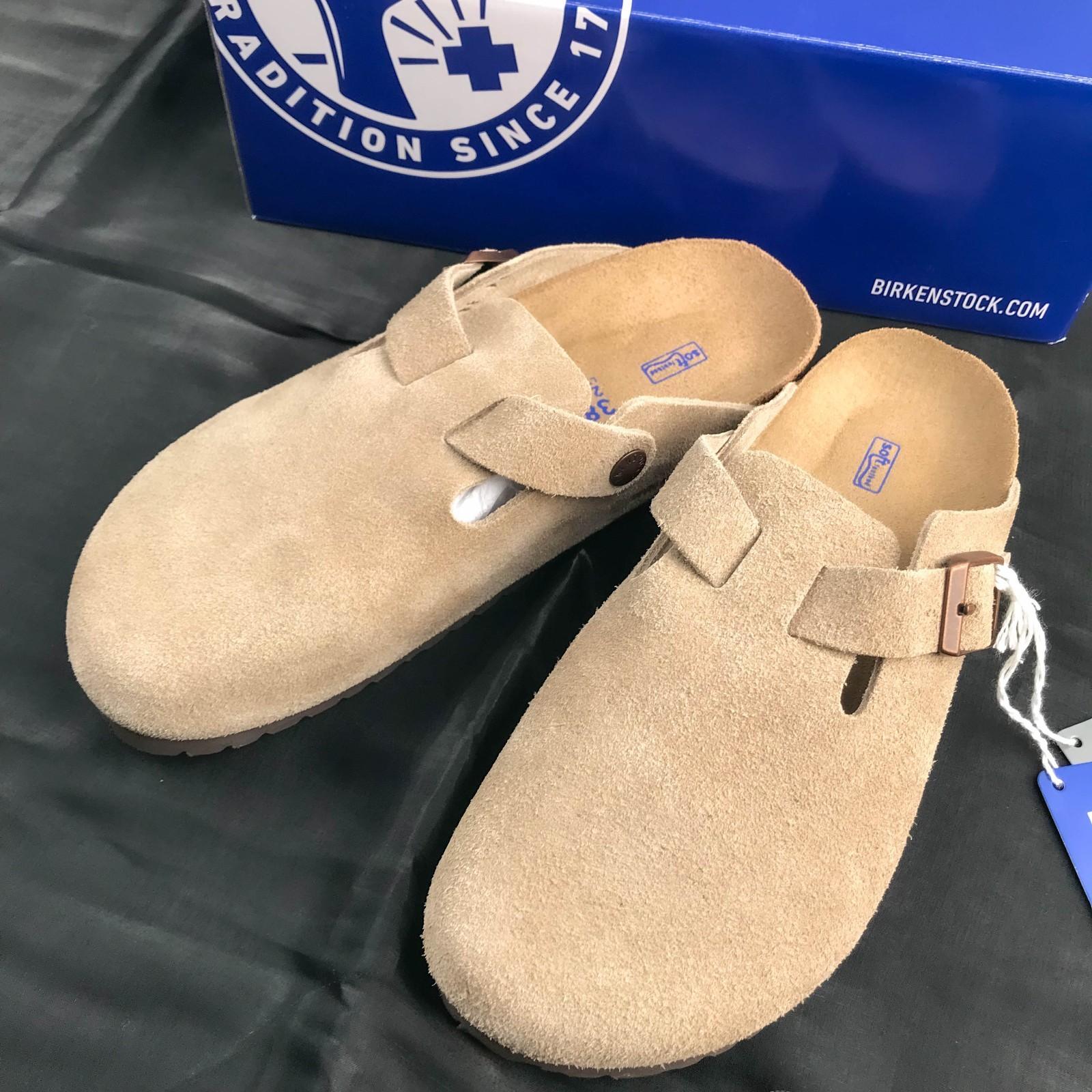 Birkenstock Boston Taupe Suede Leather Soft Footbed,Clog Slippers Brand New