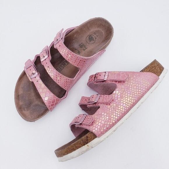 Birkenstock Florida Fresh Vegan 3 Strap Slide Sandals in Shiny Snake Rose EU 37