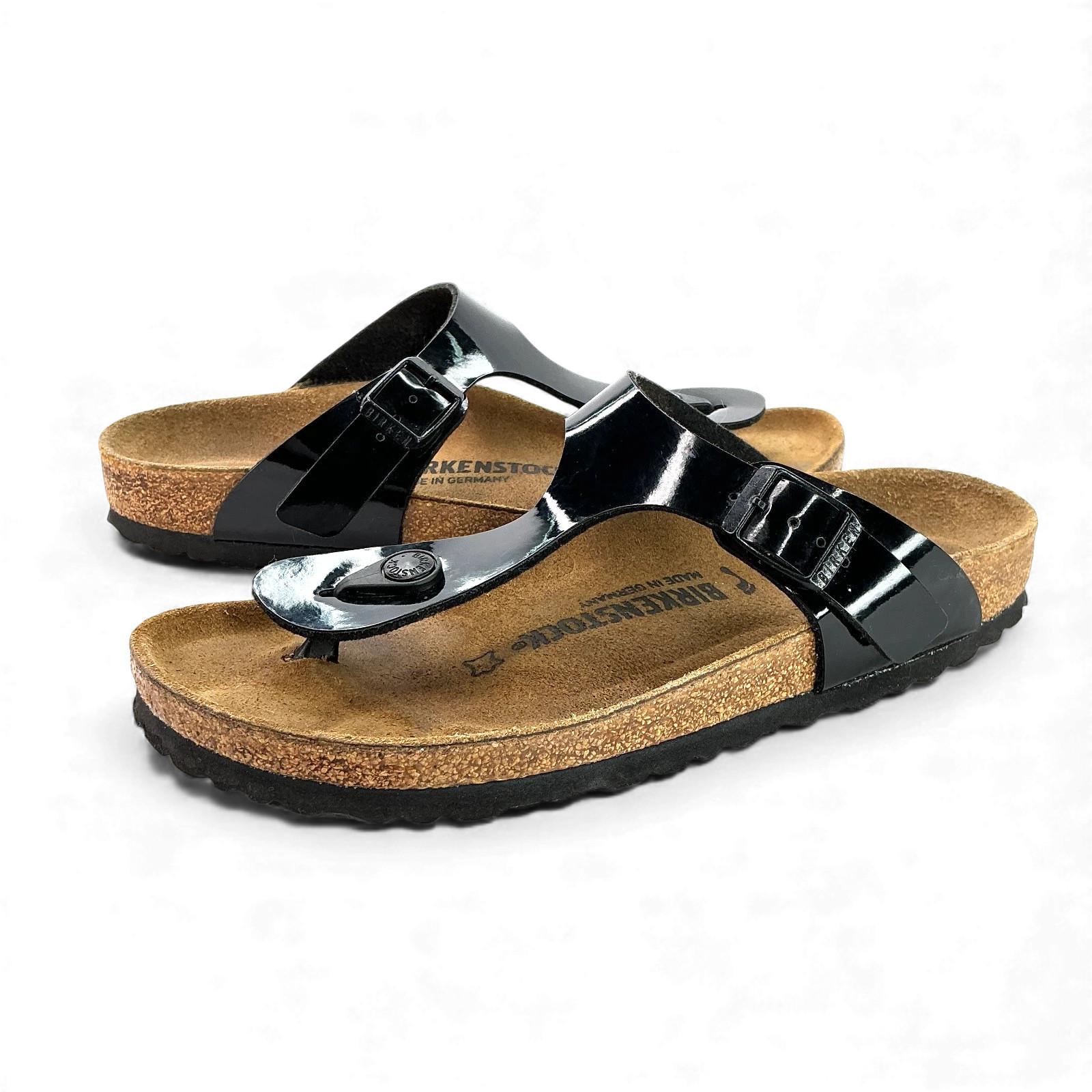 Birkenstock Gizeh Birko-Flor Cork Thong Sandal Women 38 US 7 Patent Black Narrow