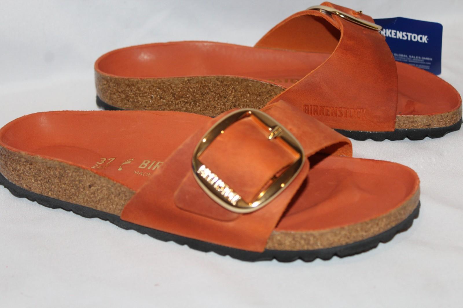 Birkenstock Women Madrid Big Buckle Suede Sandals Burnt Orange Gold EU 37 Narrow