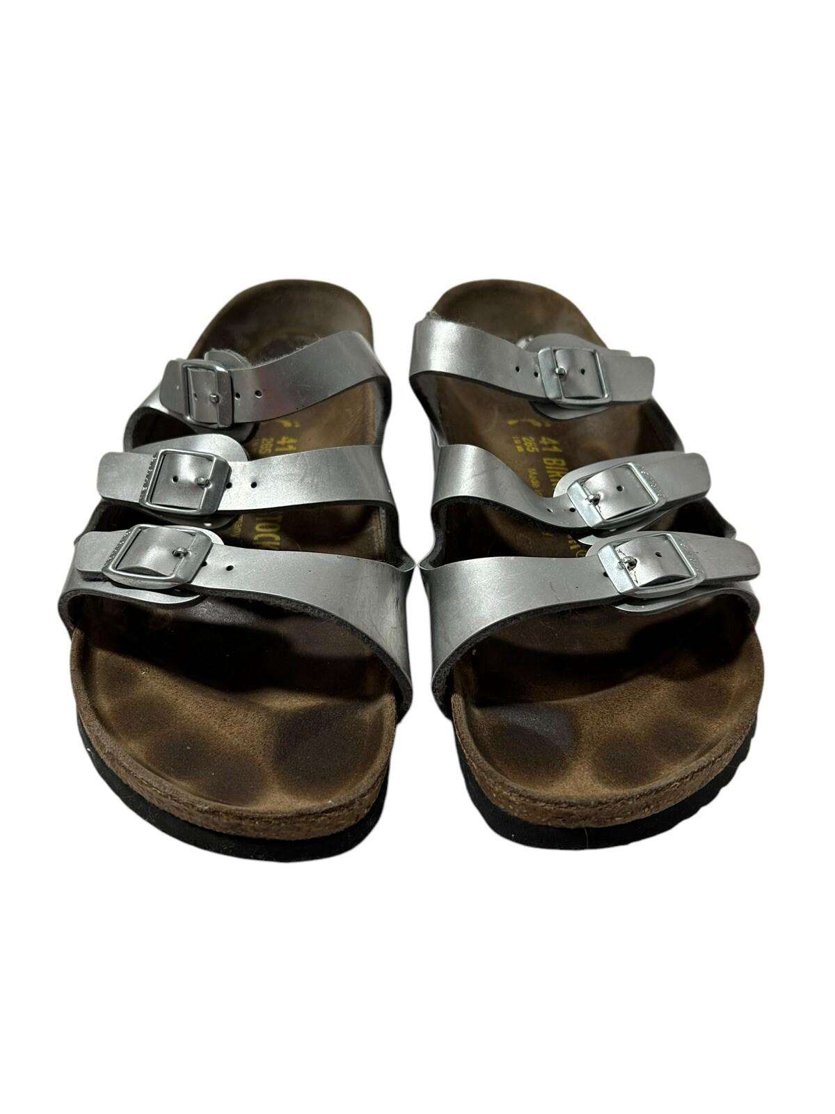 BIRKENSTOCK Florida Birko Women Size 10 EU 41 Metallic Silver 3 Buckle Sandals
