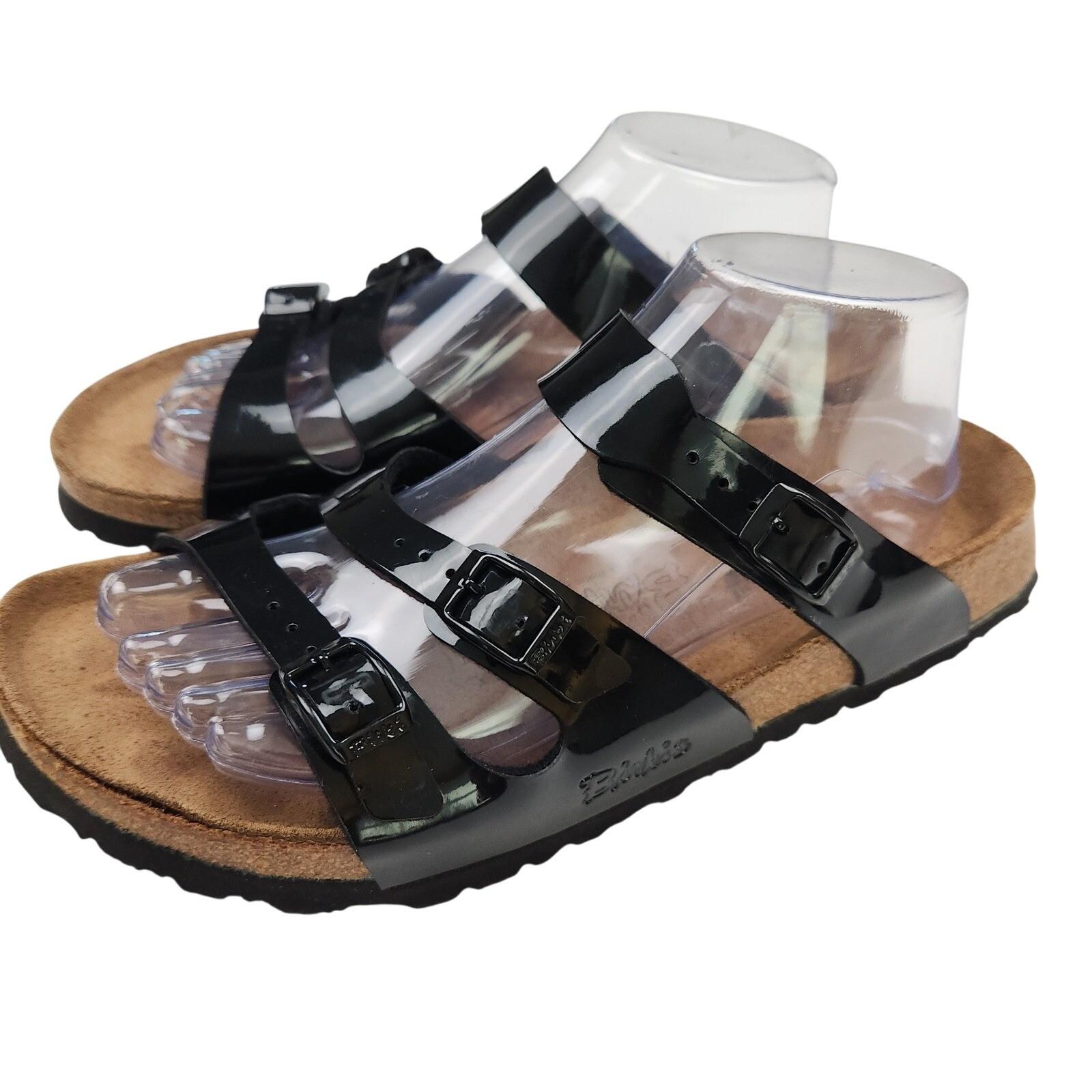 Birki’s by Birkenstock Florida Black Patent Sandals US 9 Three Strap Slides