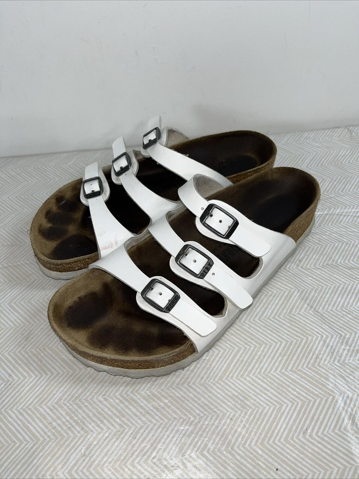 Birkenstock Florida White Womens Size 38 – L 7 Preowned 3 Strap Buckle Sandal