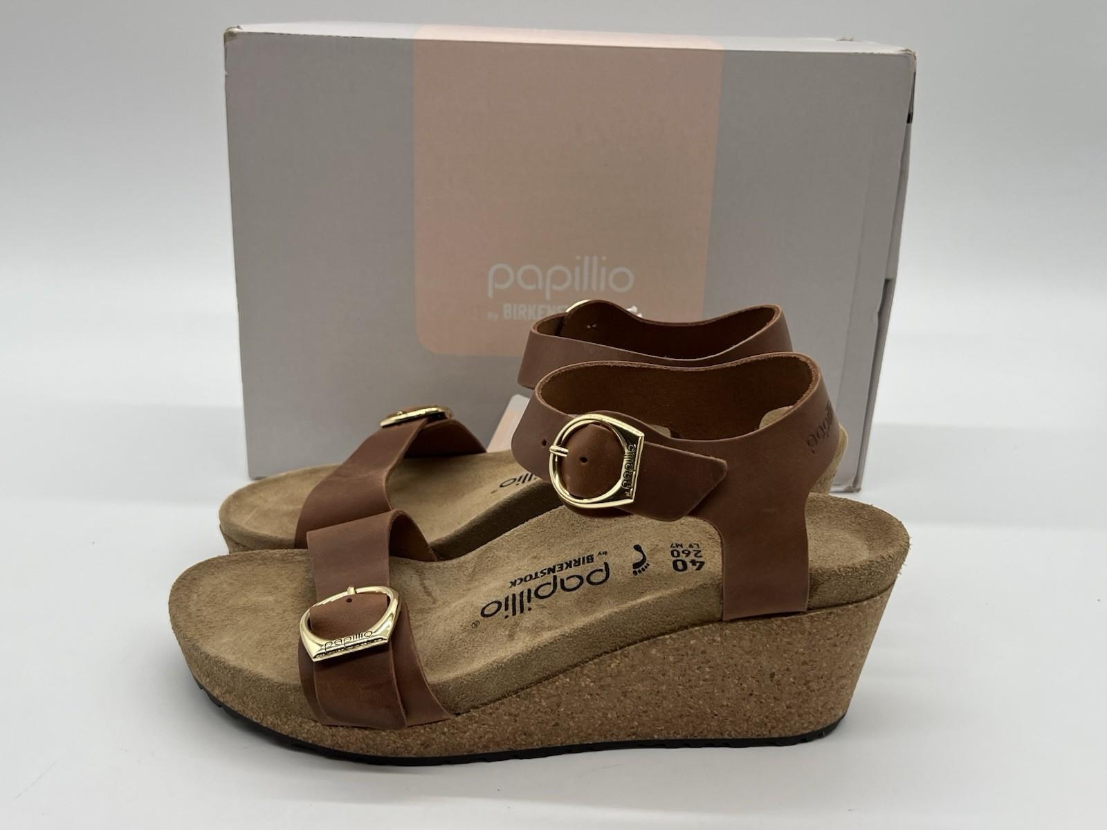 Birkenstock papillio Womens Sz 9N Cognac Leather Soley Ring Buckle Wedge Sandals
