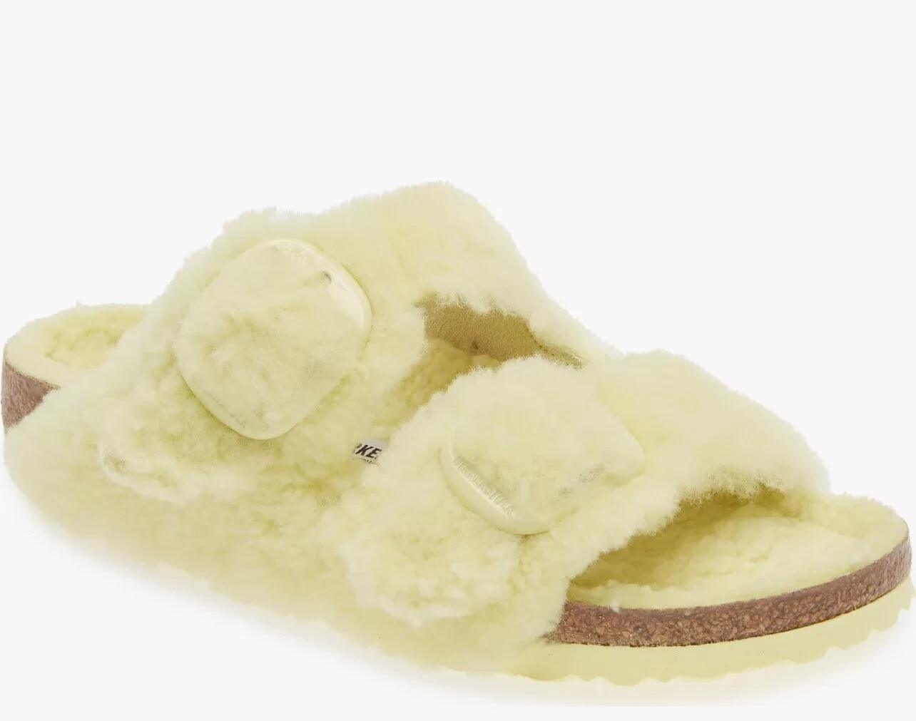 NEW Birkenstock Arizona Genuine Yellow Shearling Cozy Dual Buckle Slides 7 / 38