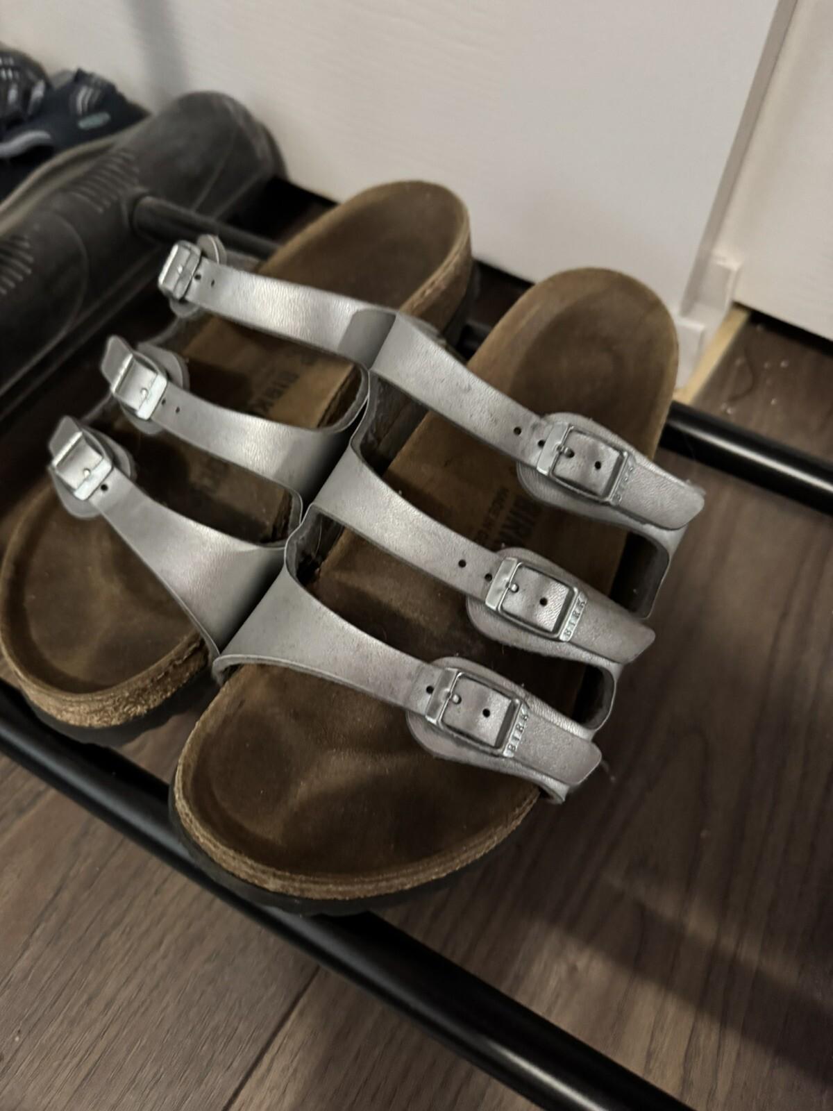 Birkenstock Florida Birko Flor Three Strap Silver Leather Sandals