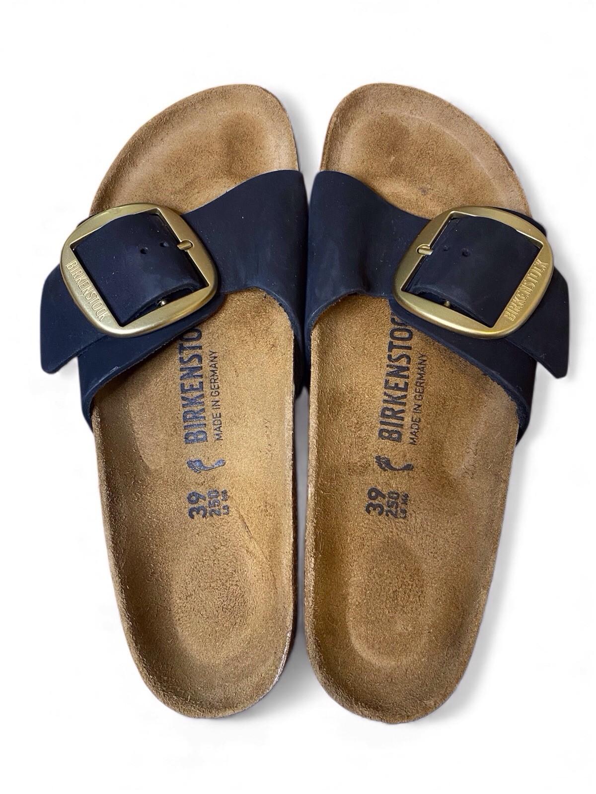 Birkenstock Madrid Big Buckle Slide Black Leather Gold Women Size 39 US 8 Narrow