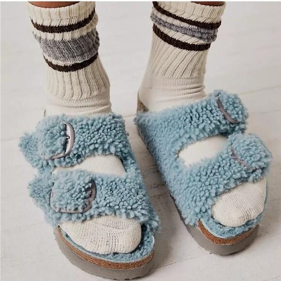 Birkenstock Free People Papillio Sandals Womens 39 US 8 Sherpa Big Buckle Blue