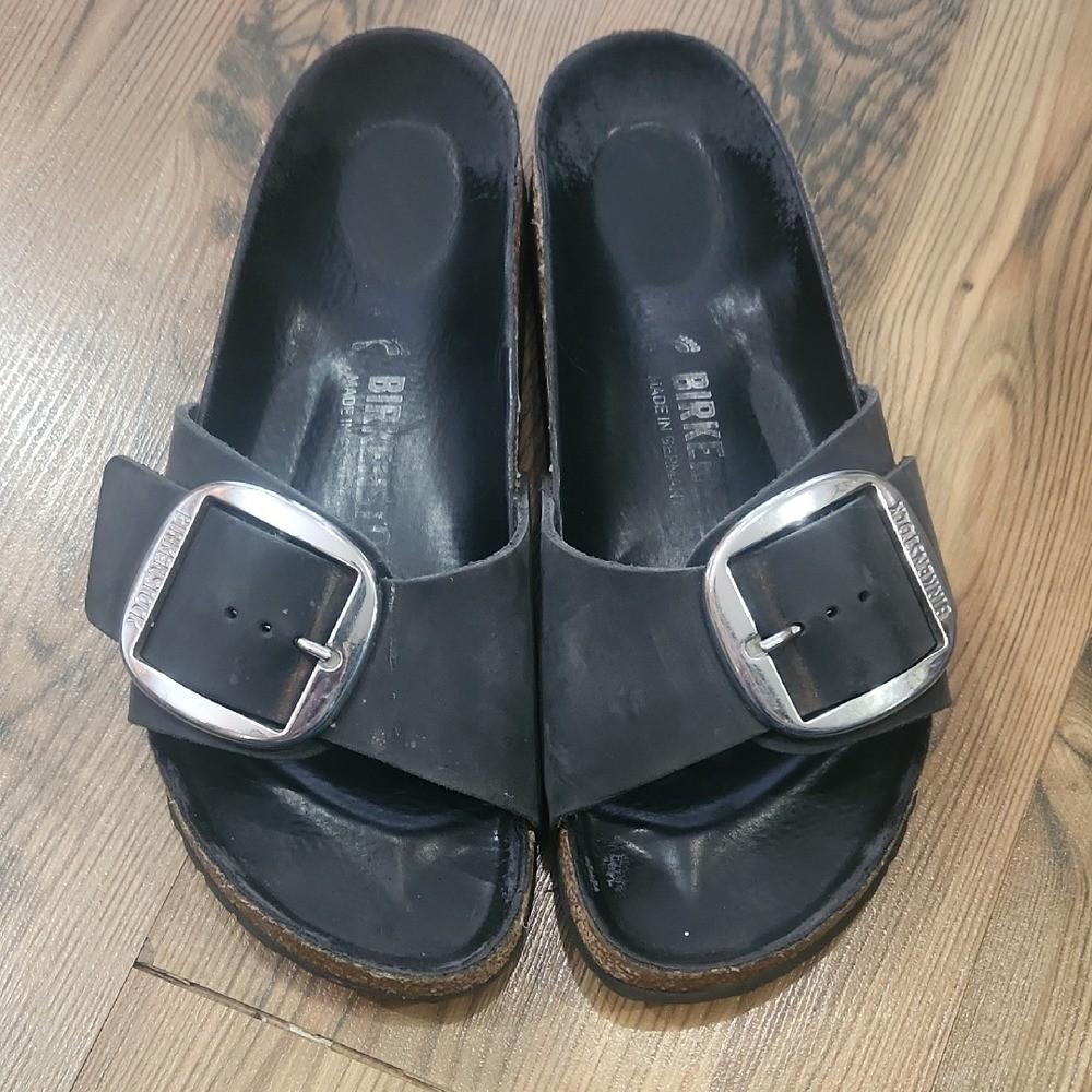 Birkenstock Madrid Big Buckle Oiled Black Leather Smooth Footbed Size 39