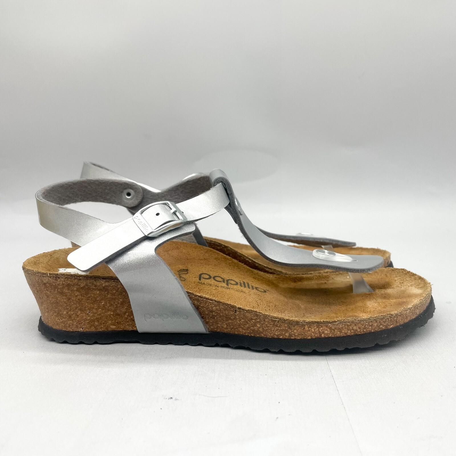Birkenstock Papillio Womens 38 7 Ashley T Strap Thong Sandals Silver Wedge Shoes