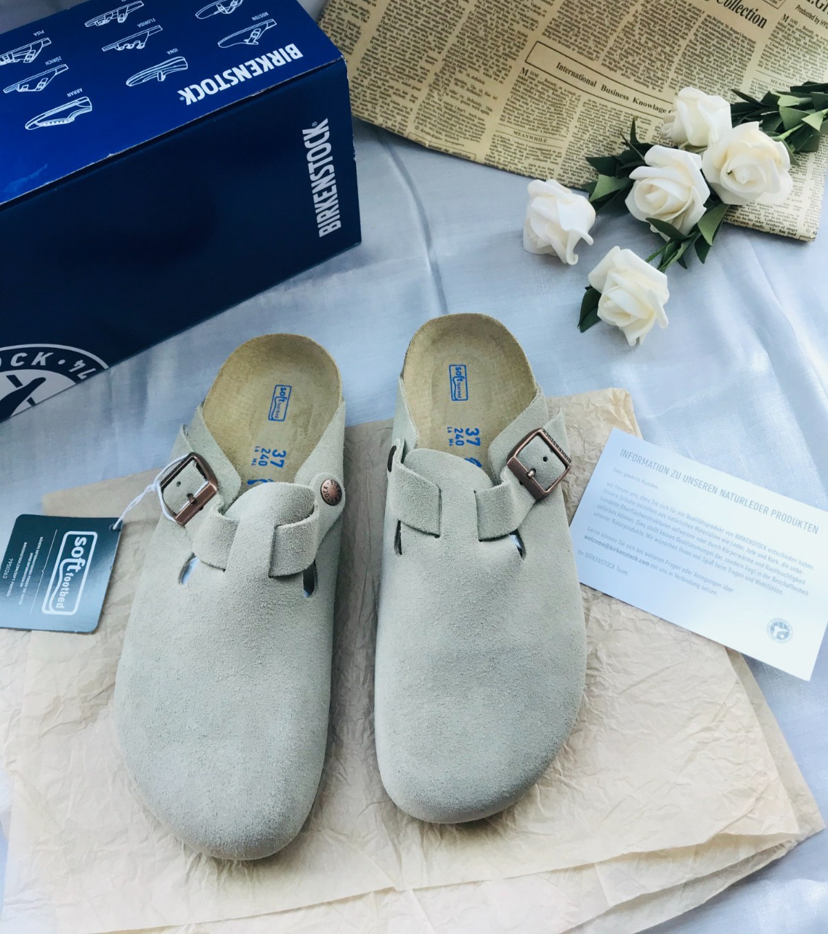 Birkenstock Boston Taupe Soft Footbed Suede Leather Unisex Clog Sandals EU37-45