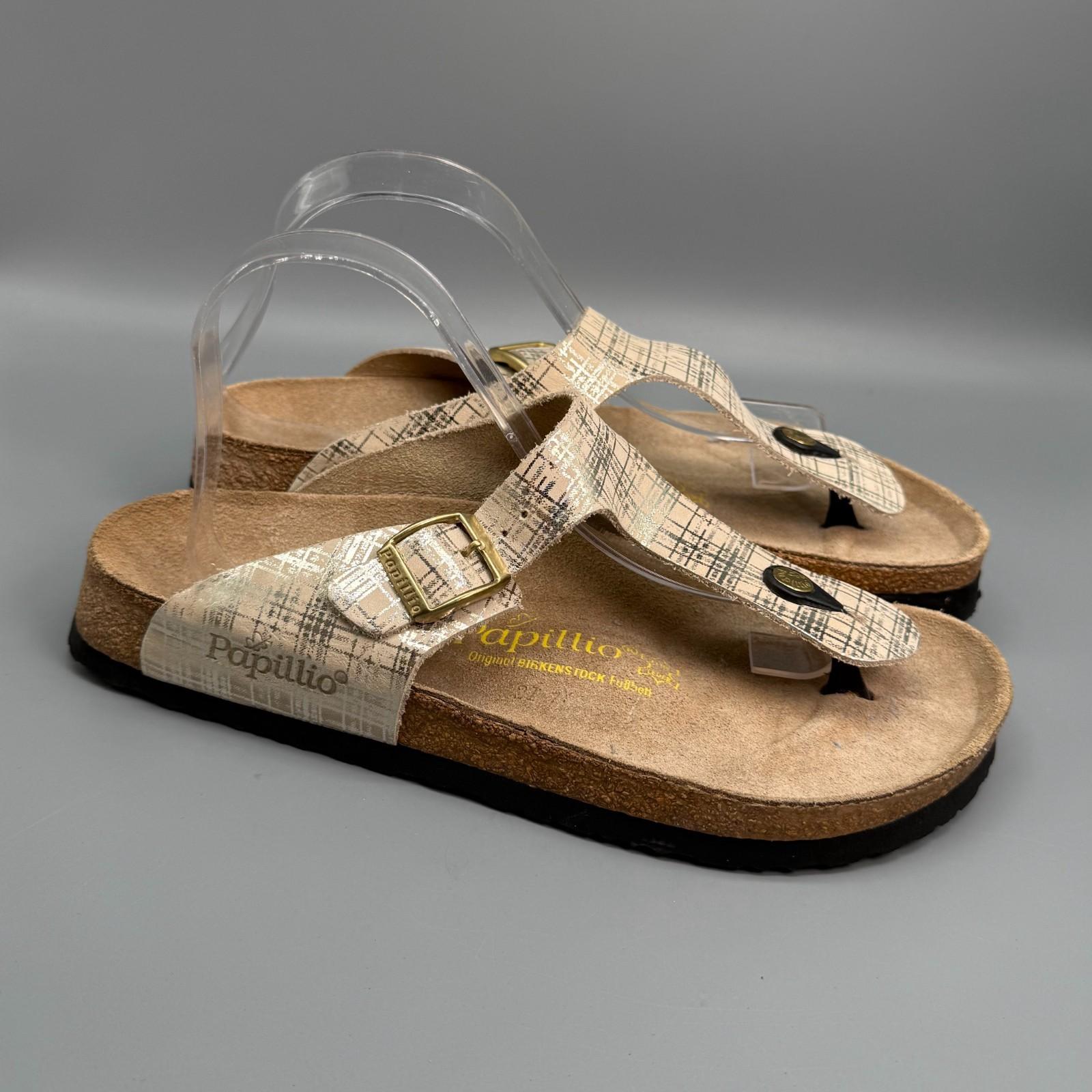 Birkenstock Papillio Gizeh Womens 10 Beige Metallic Check Leather Sandals Buckle