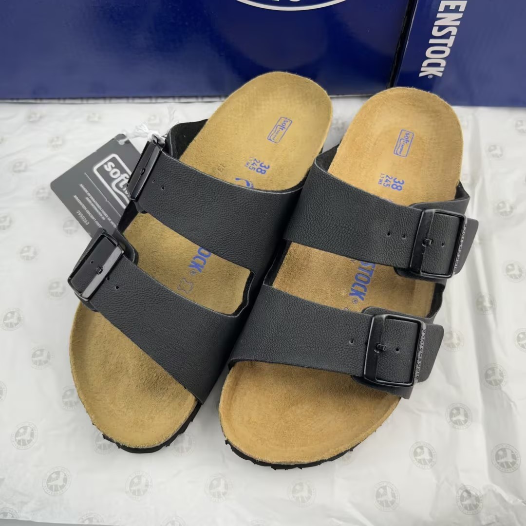 Birkenstock Arizona Birko-Flor Black Leather Soft Footbed Sandals Unisex EU37-45