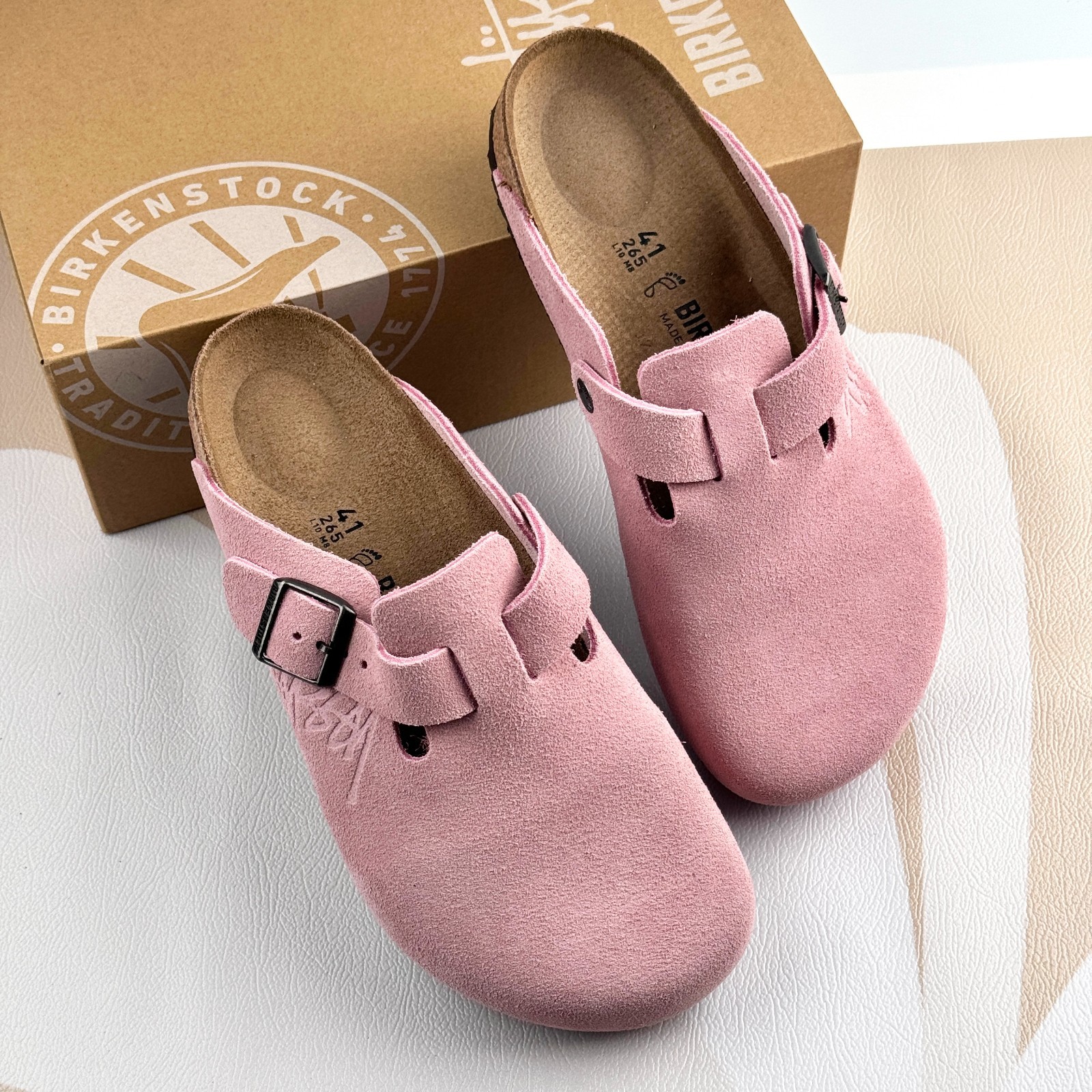 Birkenstock Boston X Stussy Unisex Pink Suede Soft Footbed Clogs Shoes Wide