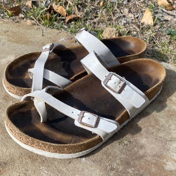 Birkenstock Mayari toe vegan leather slip on sandals white crisscross straps