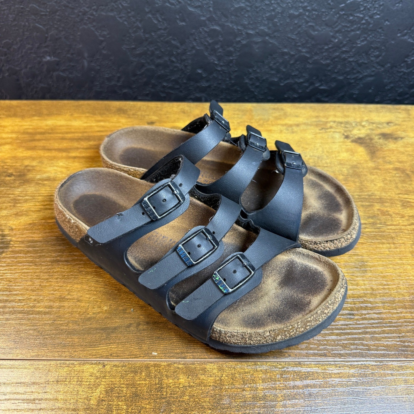 Black Birkenstock Florida Sandals Womens Triple Strap Adjustable Buckle 35 4-4.5