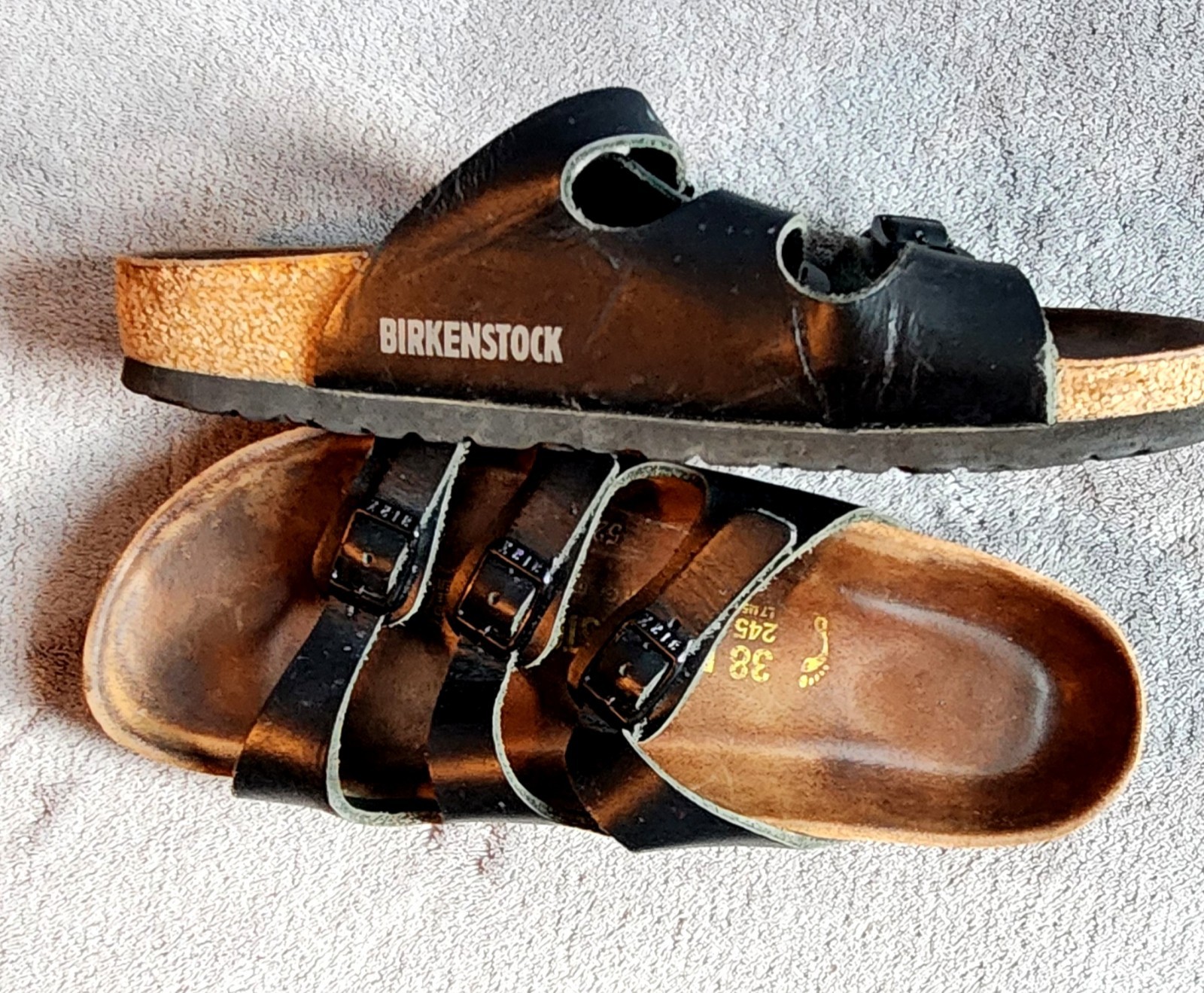 Birkenstock 3-strap Florida Black Leather Sandal US Size 7-7.5  Germany Size 38