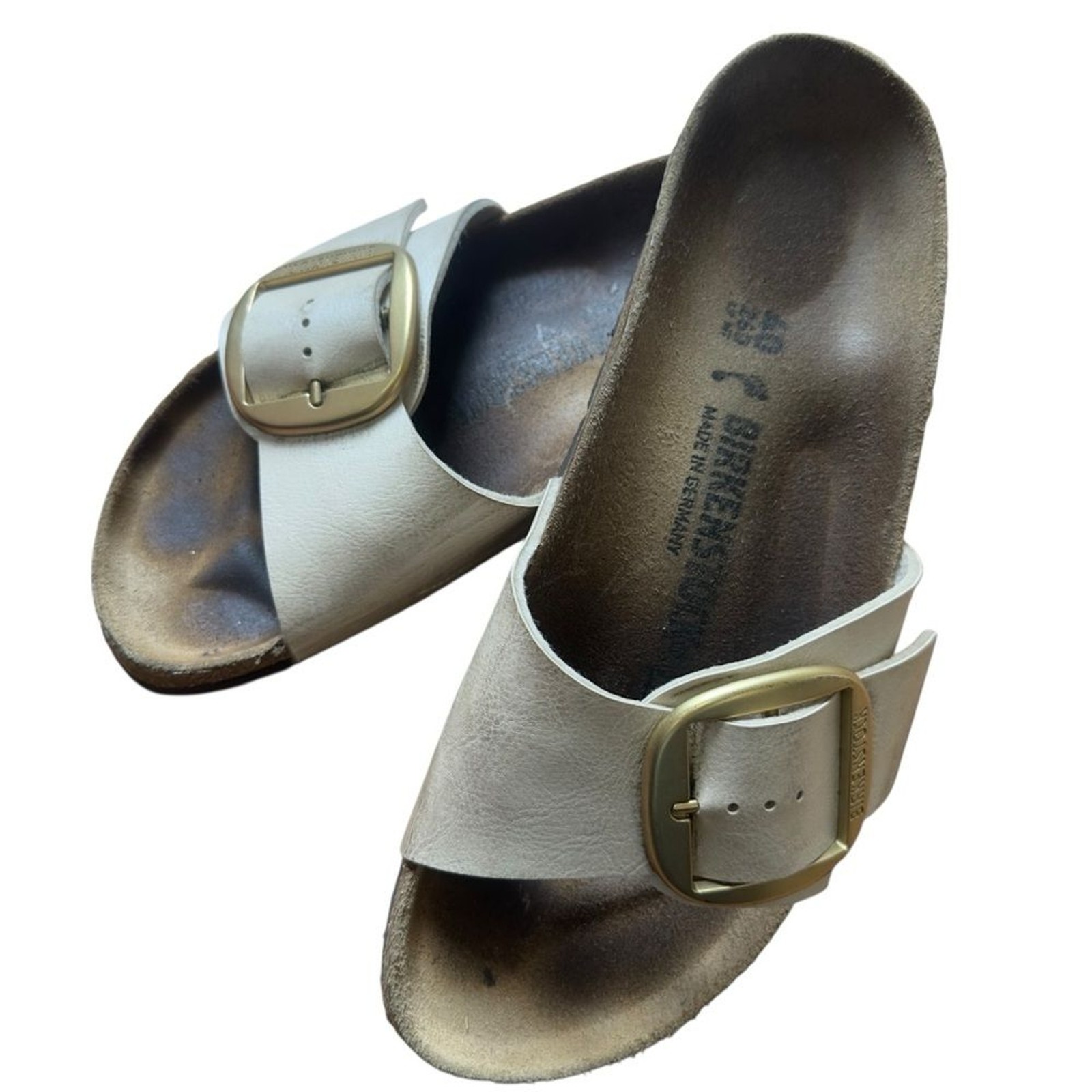 Birkenstock Madrid Big Buckle Sandals White Leather Slip On Slides Size 9-9.5