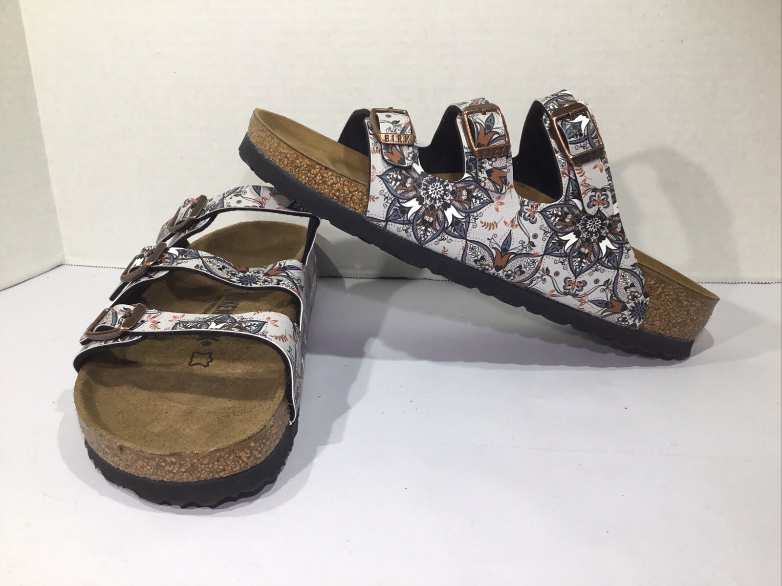 Birkenstock Womens Size 7 Narrow Florida Fresh Boho Flowers Gray Slides Y23-1475