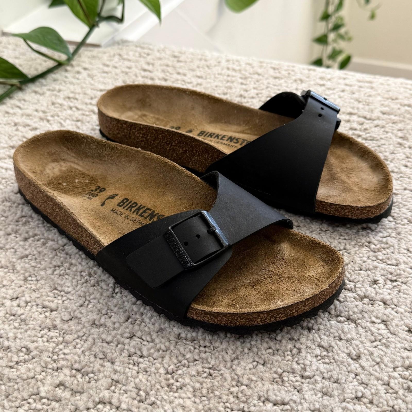Birkenstock MADRID BIRKO-FLOR Black Leather Sandals Women 8-8.5 MED/NARROW 39
