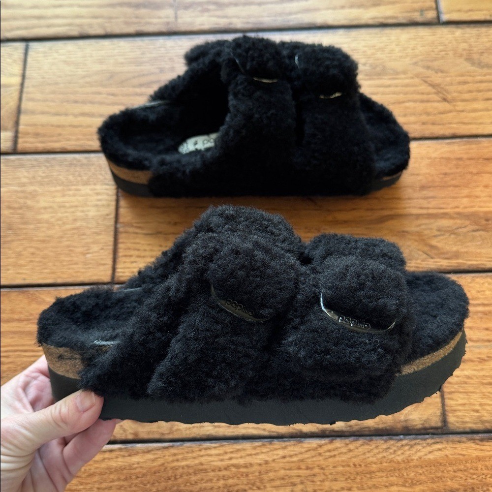 Birkenstock Papillio Arizona Teddy Shearling Fur Platform Sandals Black Size 6