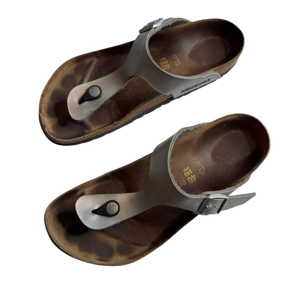 Birkenstock Gizeh Birko Flor Faux Leather Silver T-Strap Sandals Womens 40 US 9