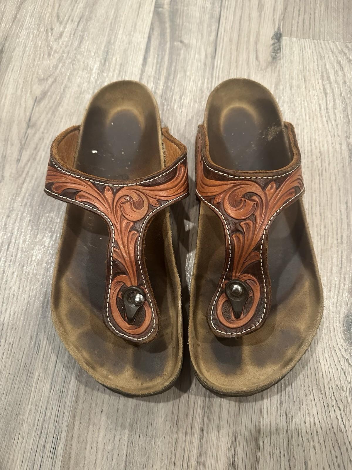 Birkenstock Gizeh Custom Hand Tooled Brown 265 Thong Sandals Women’s US Size 41