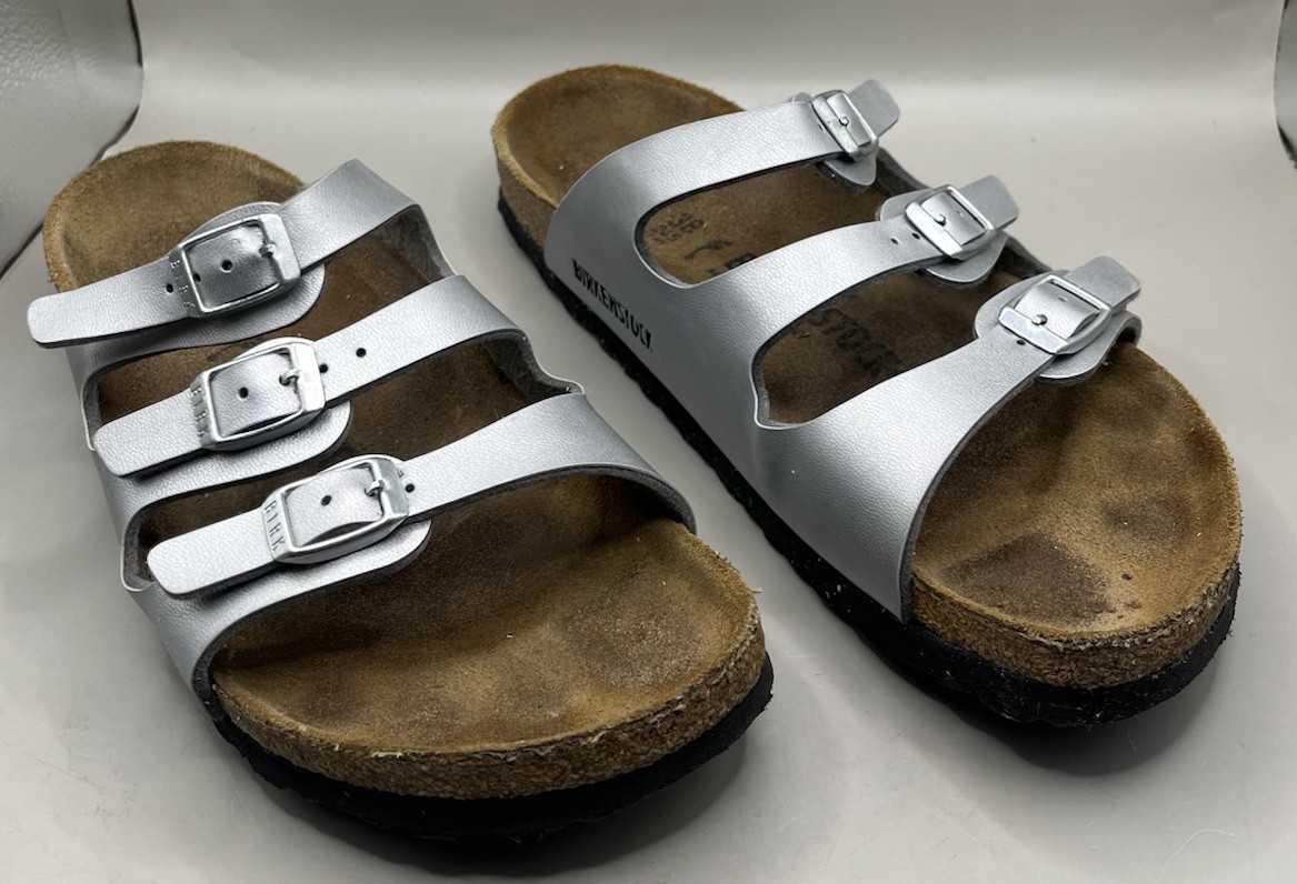 BIRKENSTOCK Florida Birko Flor Women’s EU 38/7.5 Silver 3-Buckle Sandals Comfort