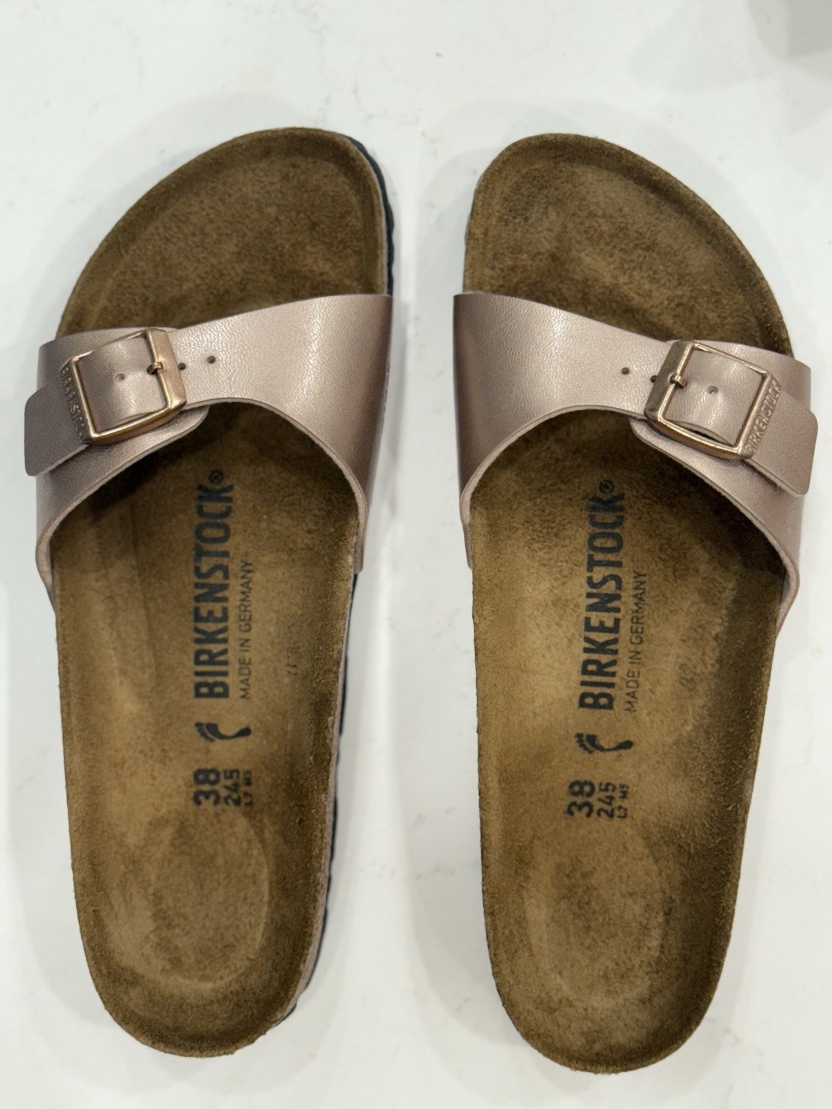Birkenstock Madrid Metallic Sandal Rose Gold, Size 38 USA 7- New-without box