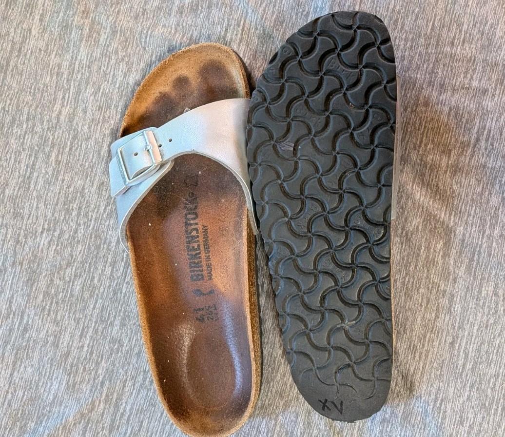Birkenstock Madrid silver Leather Brown Strap Slip On sandals Eu 41 US Size 10