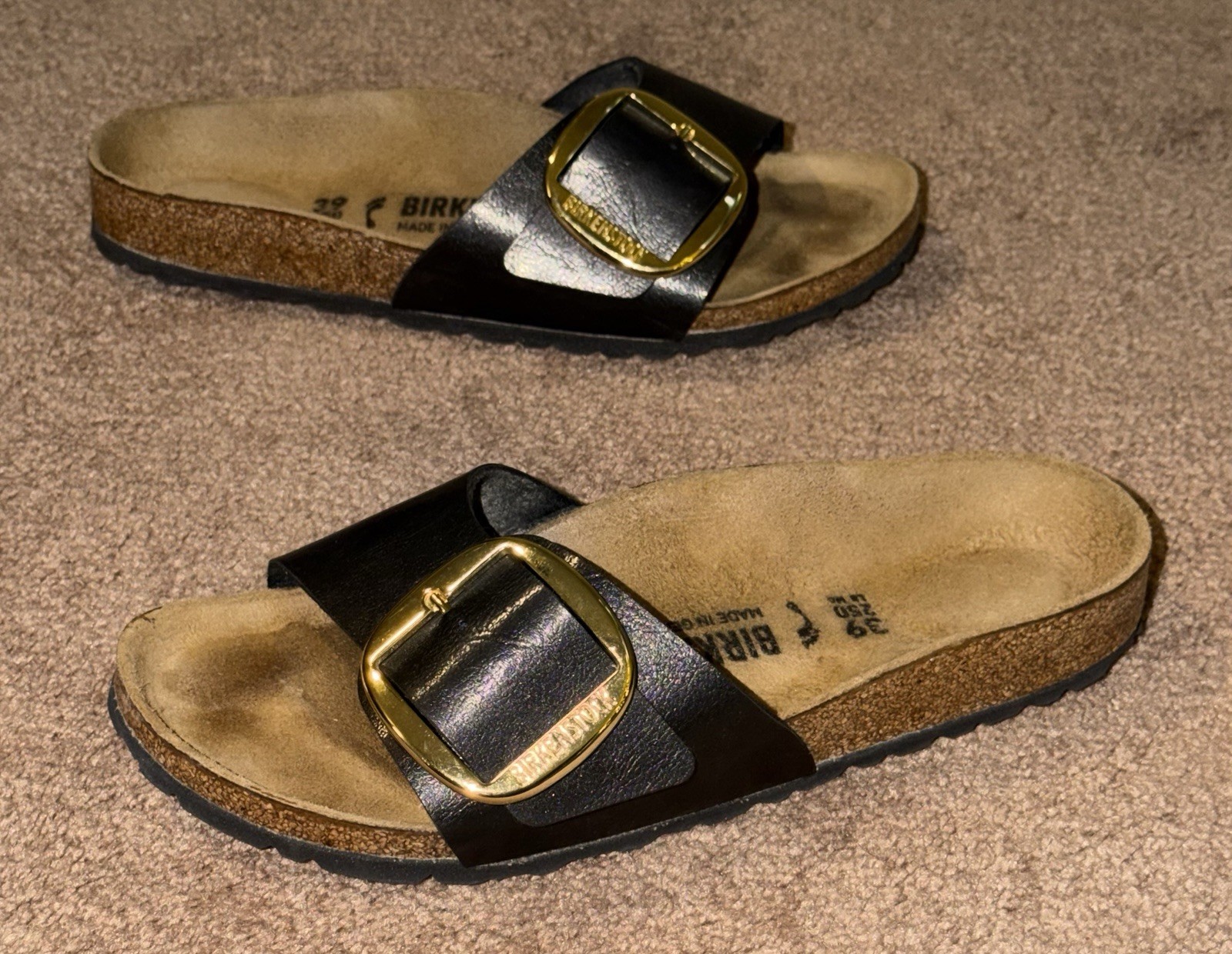 Birkenstock Madrid Big Buckle Black Leather Slides Sandals EU 39 Narrow