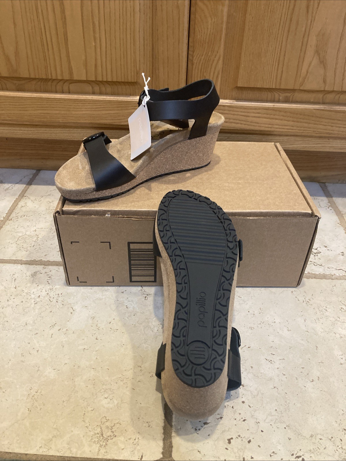 Birkenstock Papillio Womens Soley Sandal Size 8 Black Leather Cork Wedge Heel