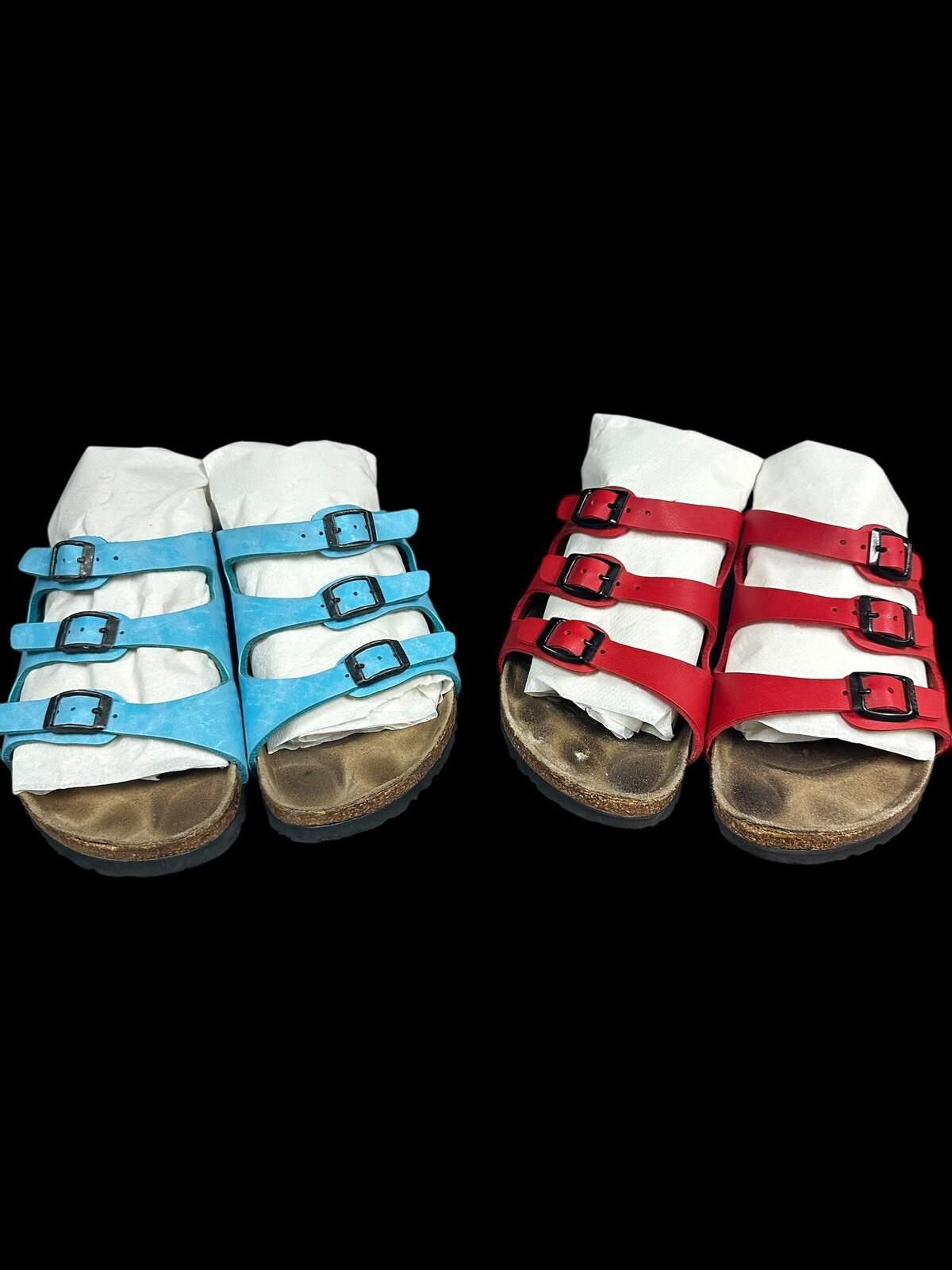 Birkenstock Florida Triple Strap  Sandals Red And Blue Synthetic Ladies Size 37