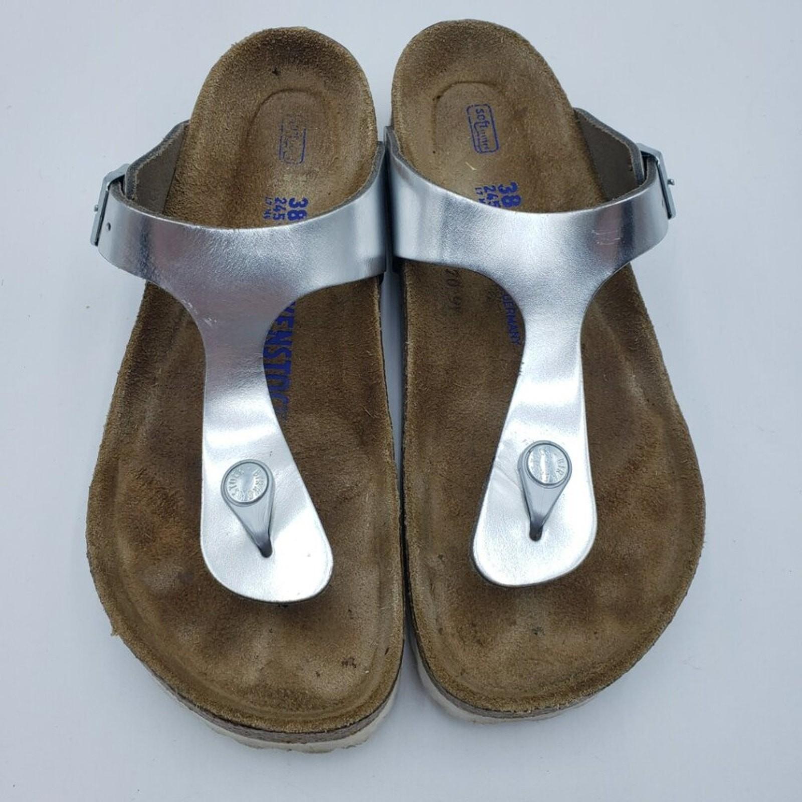Birkenstock Gizeh Thong Sandals 38 Womens Slip On Leather Silver