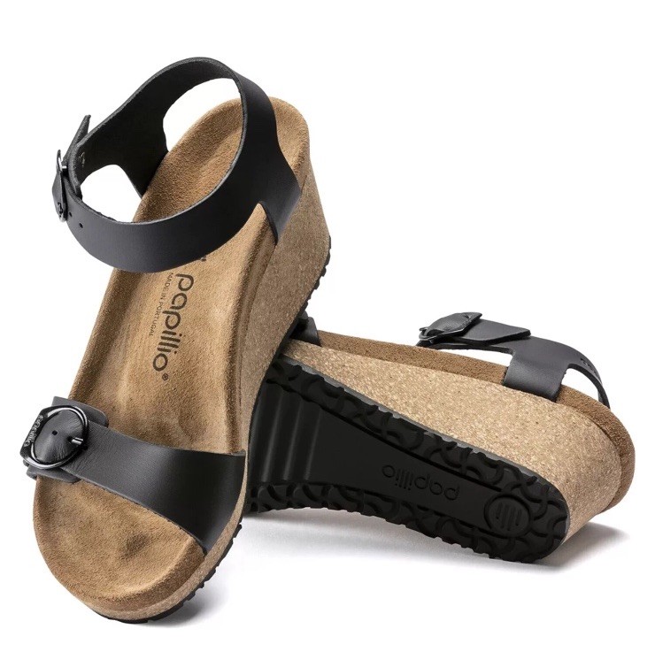BIRKENSTOCK Papillio Soley Buckle Leather Wedge Heels Black New Sz EU 39, US 8N